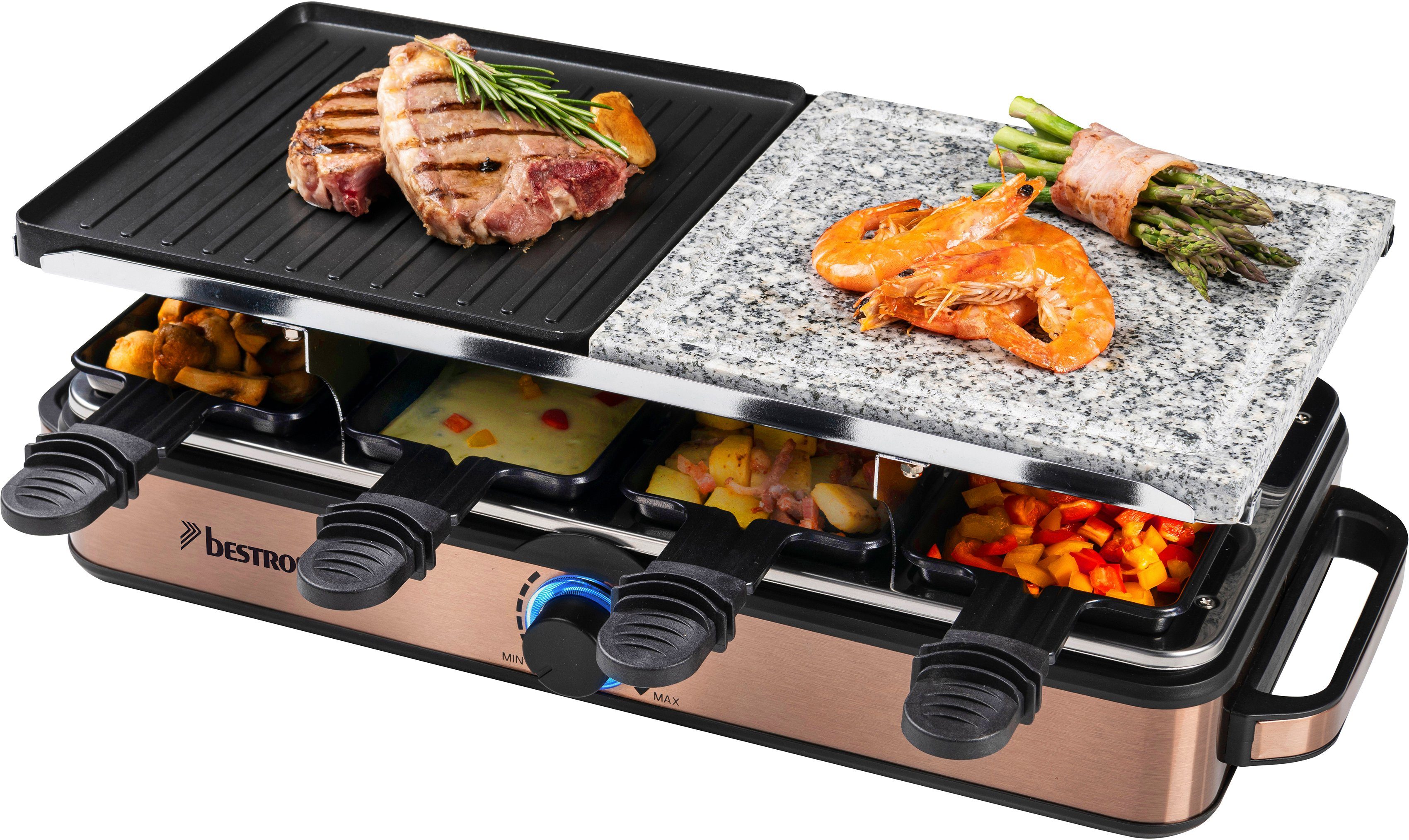 bestron Raclette ARG1200CO, 8 Raclettepfännchen, 1400 W, Naturstein & antihaftbeschichtete Grillplatte, 8 Pfännchen & 8 Schaber