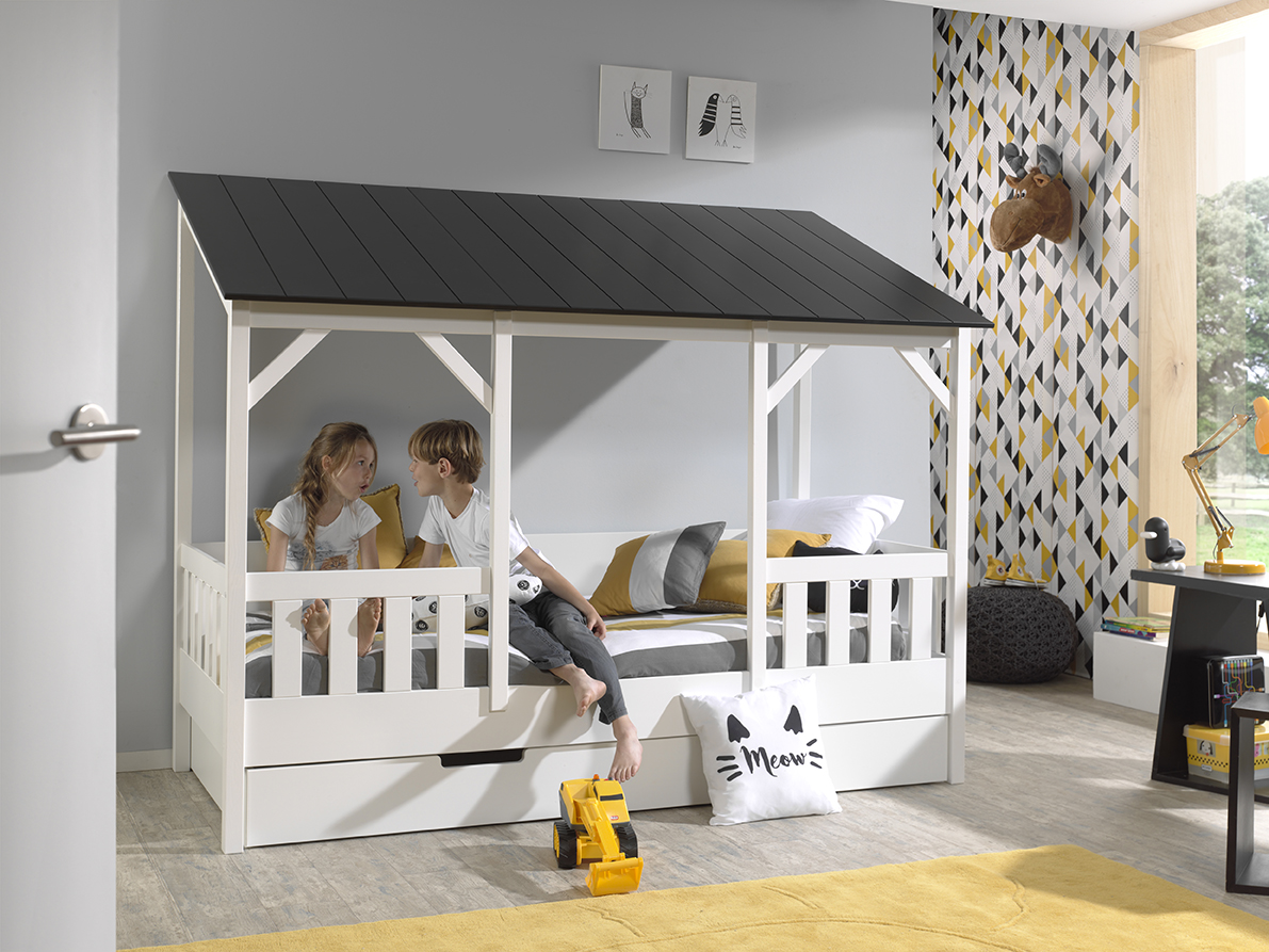 VIPACK Hausbett mit 90 x 200 cm Liegefläche und Bettschublade, Korpus Weiß lackiert, Dach in Schwarz