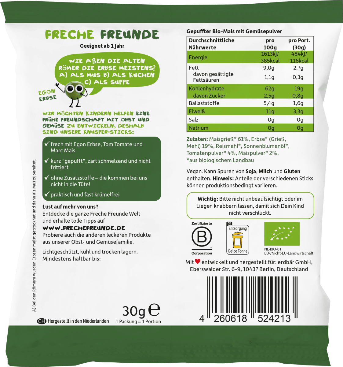 Kindersnack Knusper-Sticks Dreierlei Gemüse, ab 1 Jahr, 30 g
