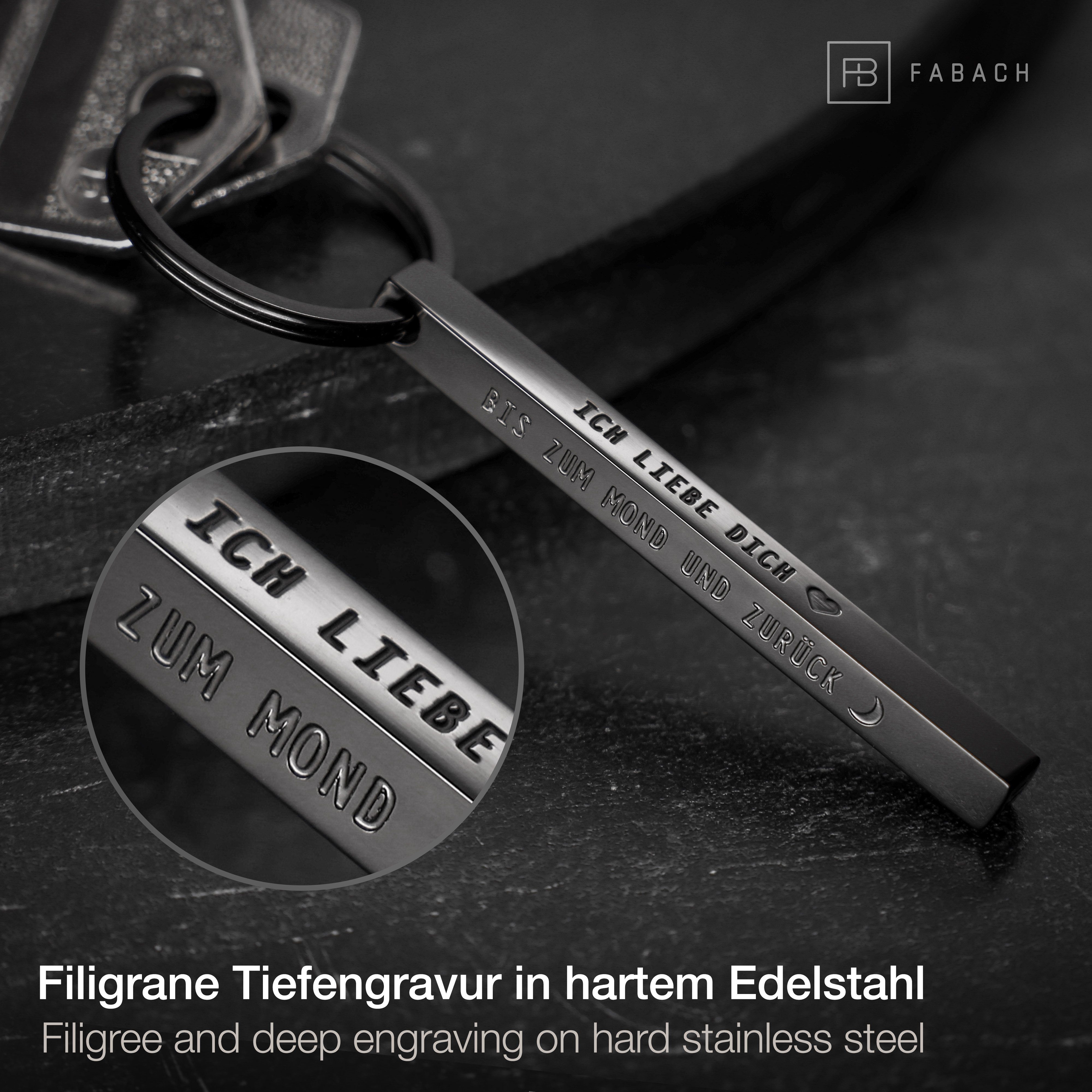 FABACH Schlüsselanhänger Cuboid aus Edelstahl mit Botschaft- Ich liebe dich bis zum Mond