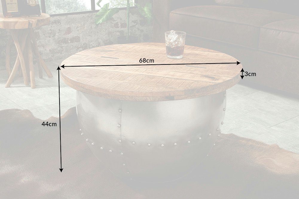 riess-ambiente Couchtisch DRUMP STORAGE Ø70cm natur / silber (Einzelartikel, 1-St), Wohnzimmer · Massivholz · rund · Metall · mit Stauraum · Industrial