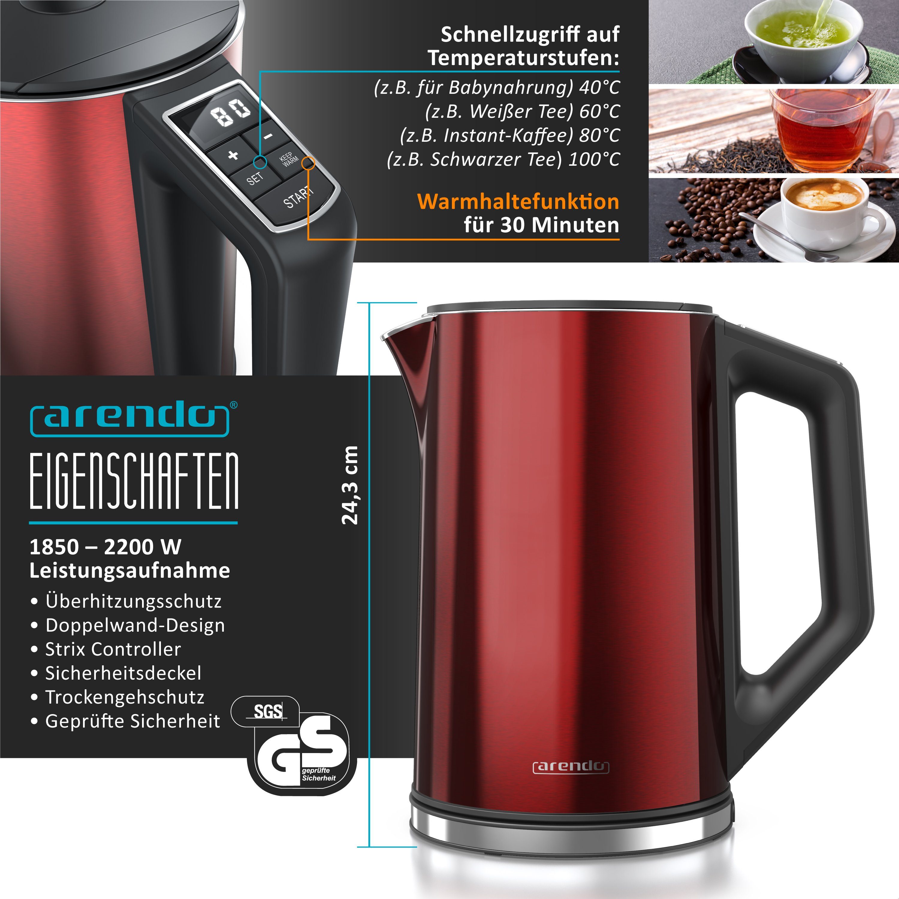 Arendo Frühstücks-Set (2-tlg), Edelstahl Wasserkocher 1,5l, 2-Scheiben Langschlitz Toaster, Rot