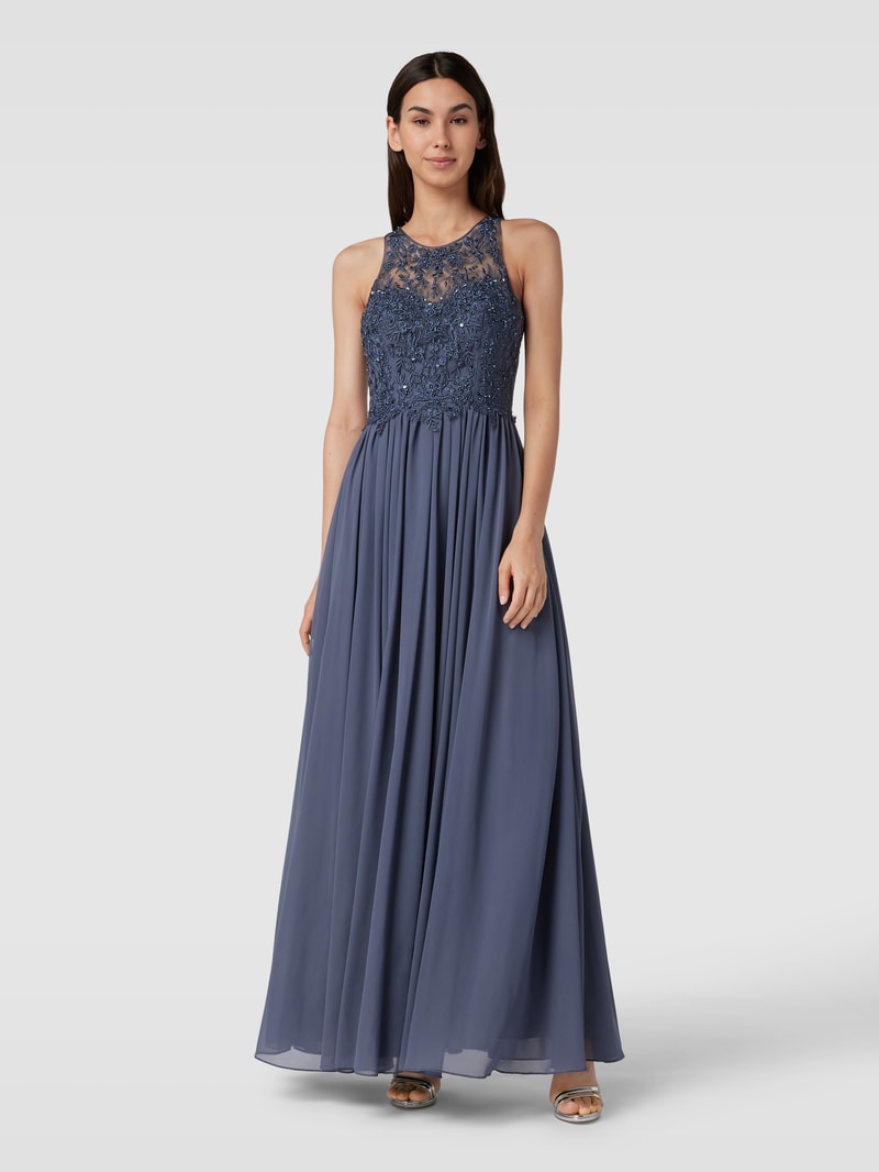 Abendkleid mit Ziersteinbesatz in rauchblau