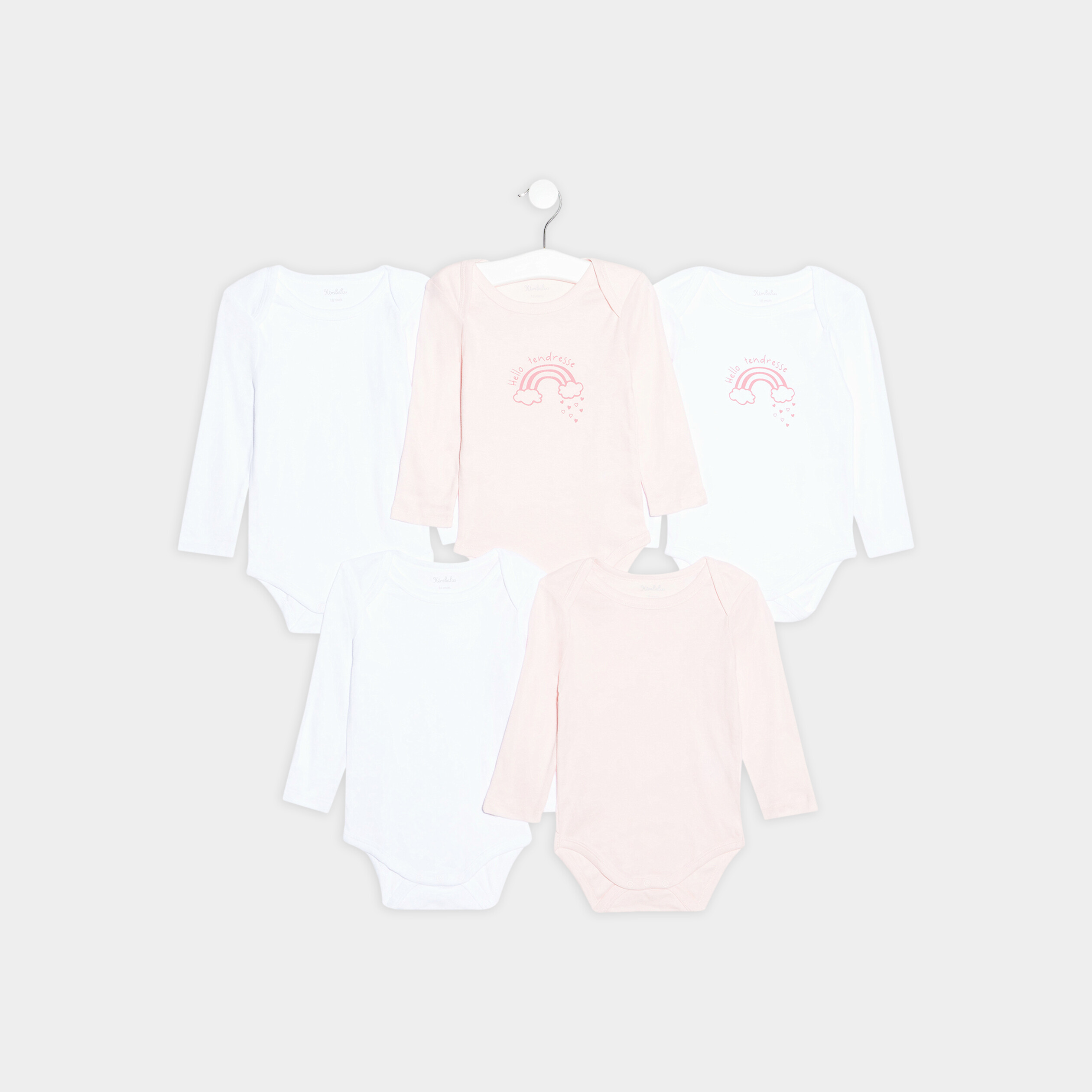 Lot 5 bodies US coton manches longues rose clair bébé fille | La Halle