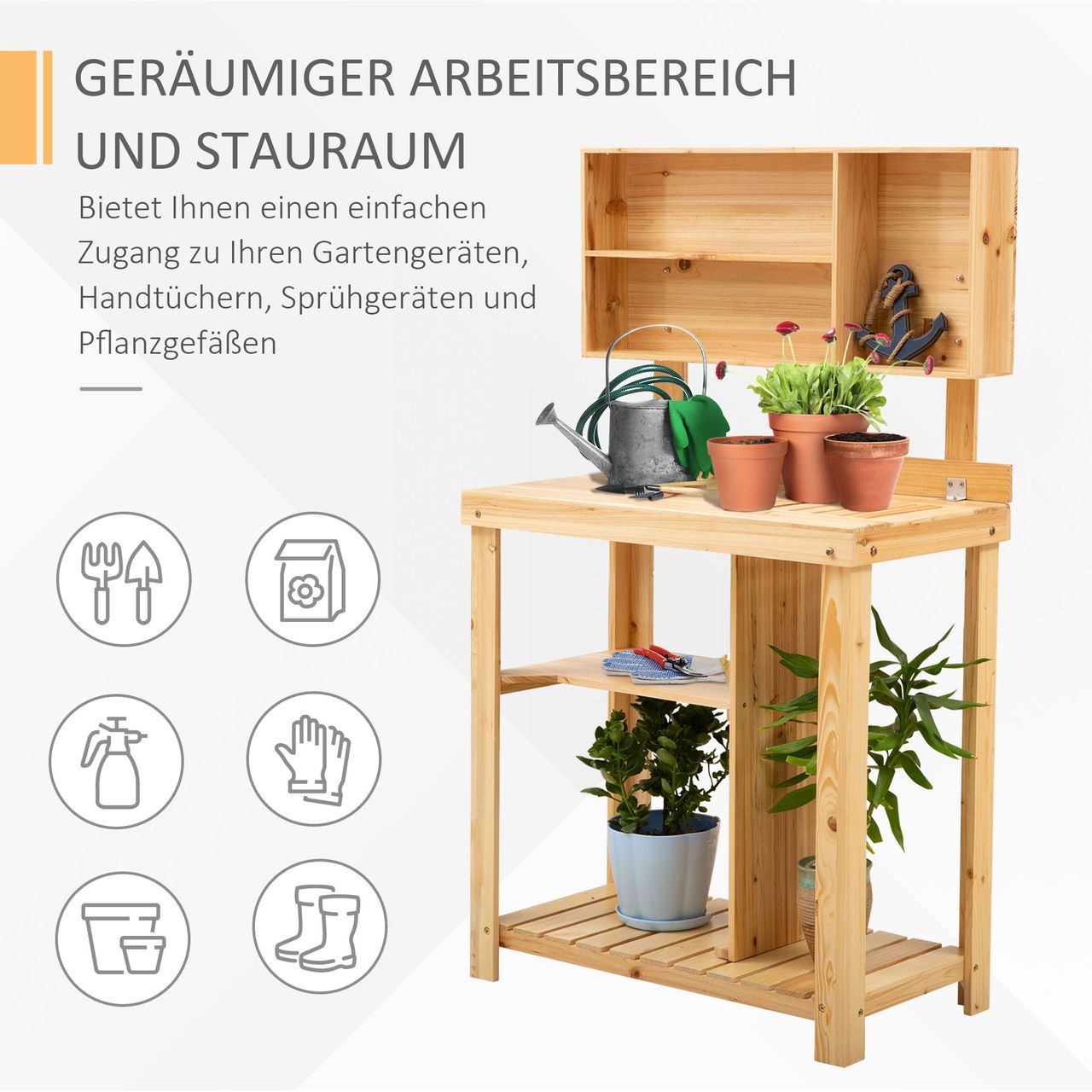 Outsunny Gartenarbeitstisch mit Ablage Natur 80 x 43 x 136,5 cm