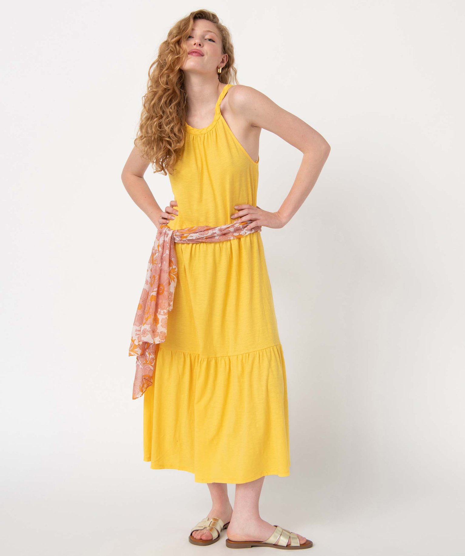 Robe femme longue sans manches avec col tressé jaune | GEMO