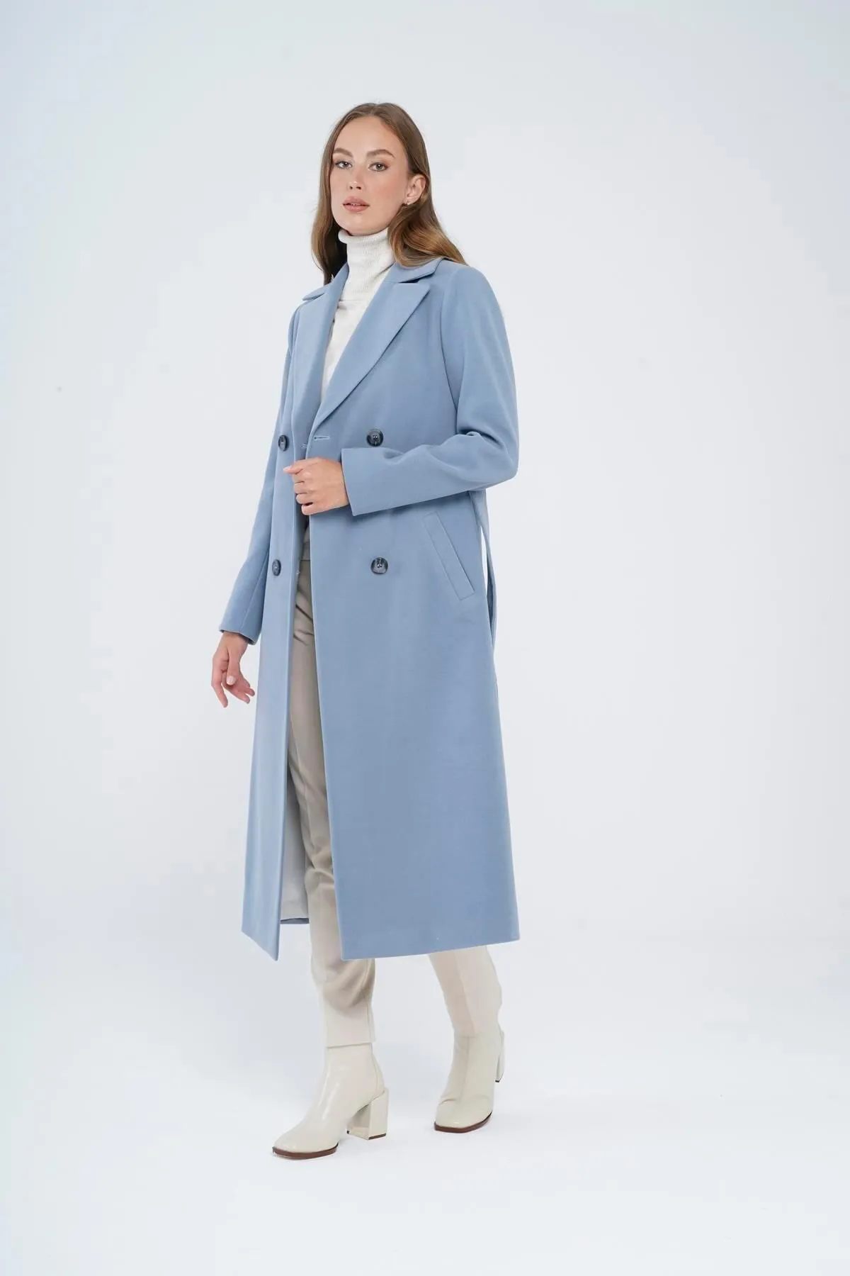 Concept.  Zweireihiger, an der Taille gebundener, mittellanger Mantel, Blau 3754