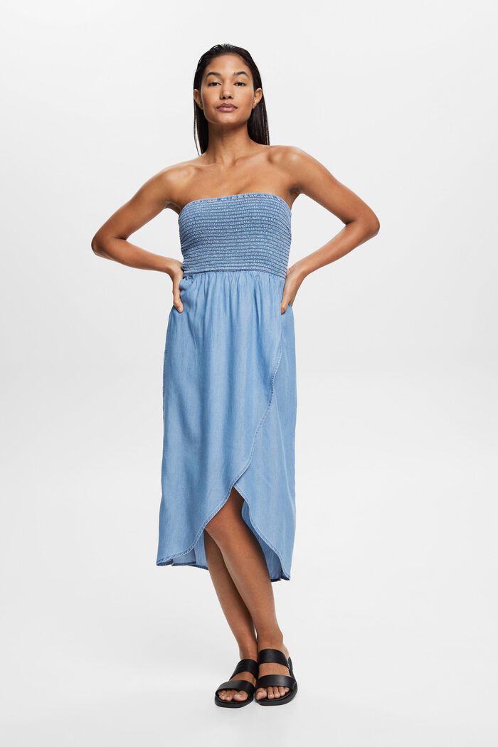Gesmoktes Schlauchkleid in Denimoptik