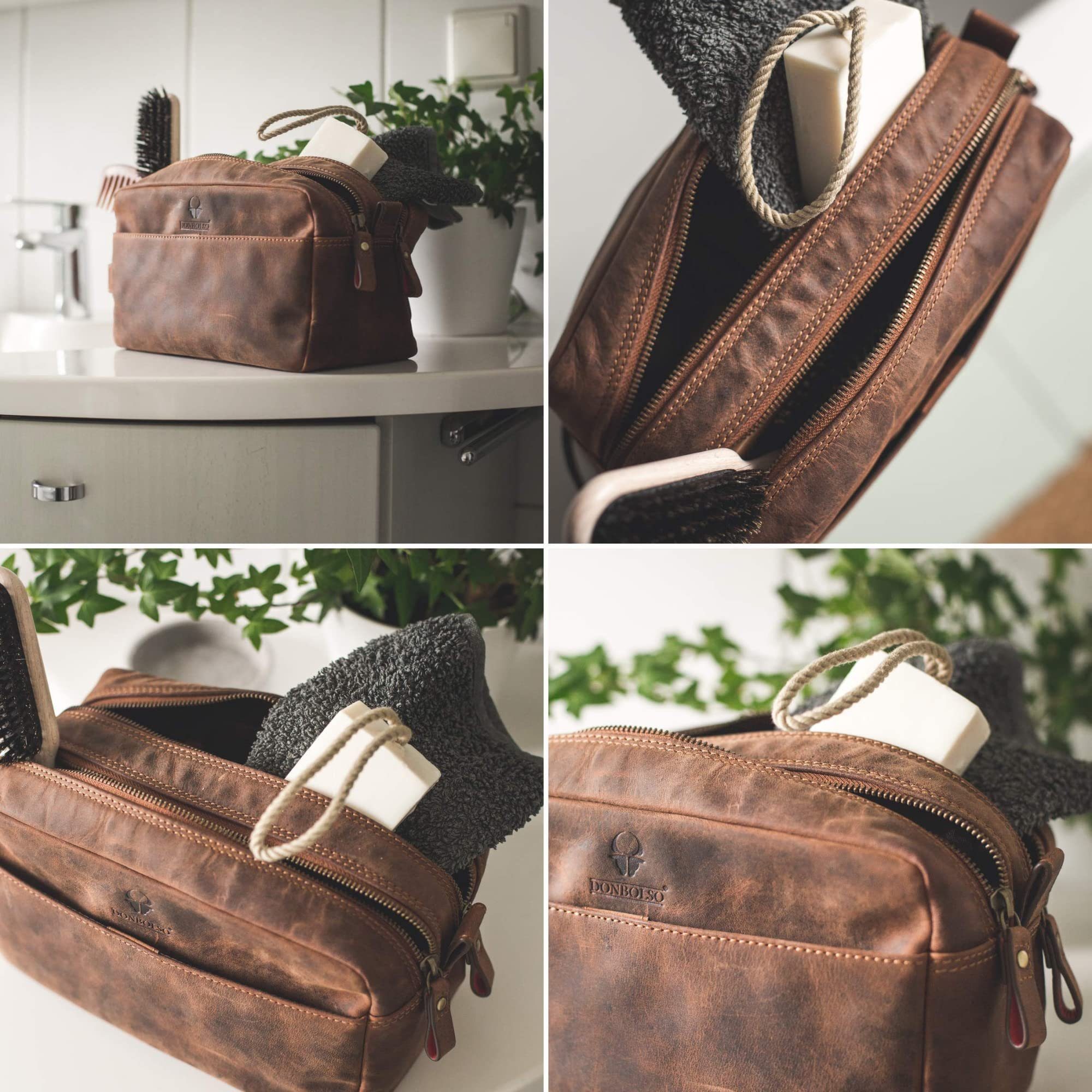 Donbolso Kulturbeutel Kulturbeutel Stockholm aus Leder für Damen und Herren, Vintage Braun L Leder