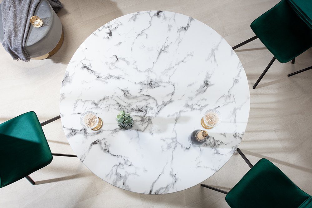 riess-ambiente Esstisch PARIS Ø120cm weiß / schwarz (Einzelartikel, 1-St), Glas · Metall · rund · Marmor-Design · Retro · Küche · Bistro