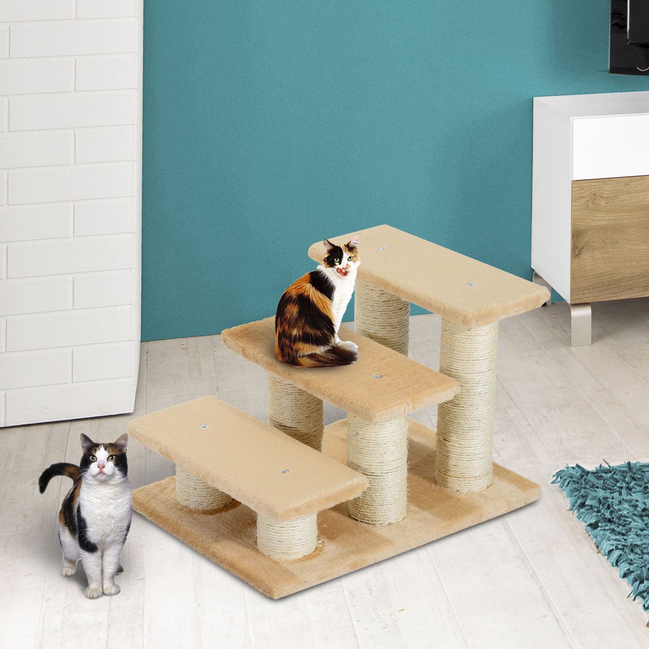 PawHut Tiertreppe Katzentreppe Hundetreppe 3 Stufen Treppe für Katze und Hunde Plüsch Creme 45 x 35 x 34 cm