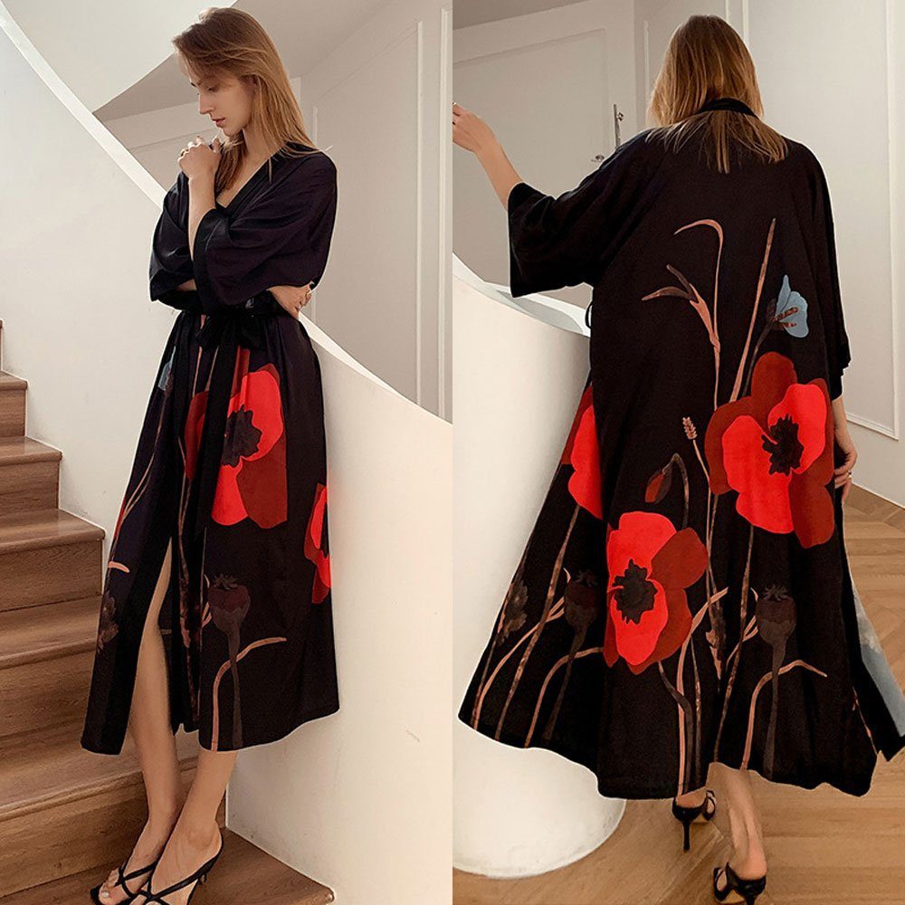 Vivi Idee Morgenmantel Bademantel Schlafmantel kimono lang leicht satin Sauna Einheitsgröße, Kimono-Kragen, Bindegürtel, Seidig