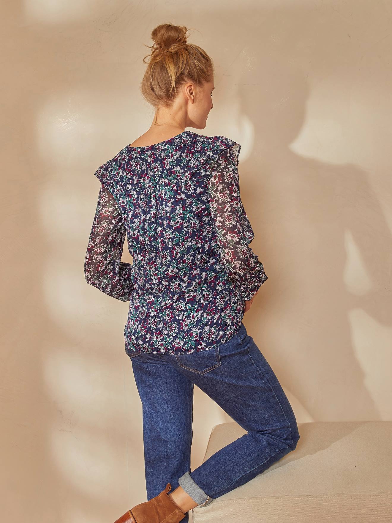 Blouse imprimée volantée grossesse et allaitement bleu aop