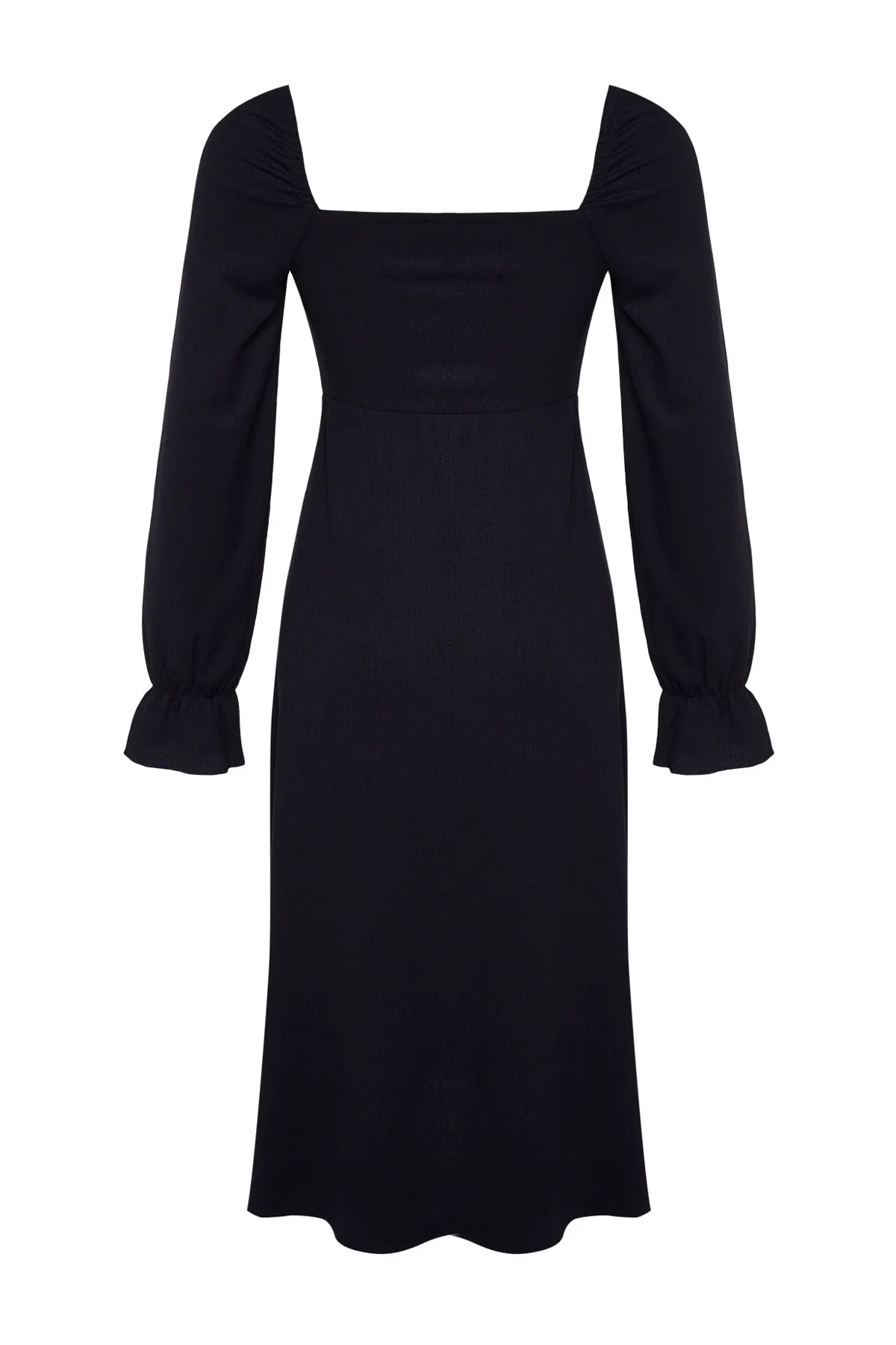 Trendyol Collection  Marineblaues Midi-Strickkleid mit quadratischem Ausschnitt und Schlitz und langen Ärmeln TWOAW24EL00188