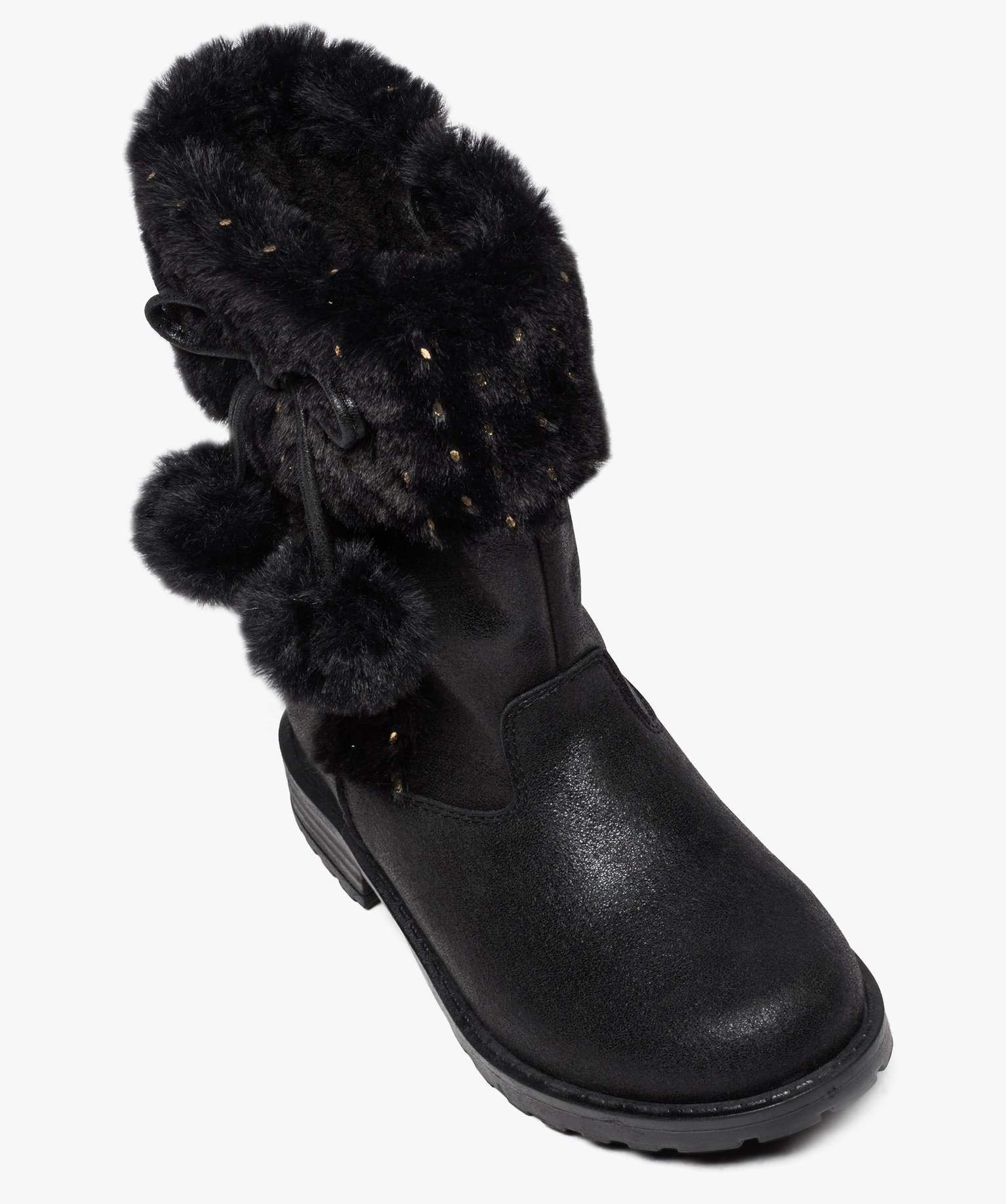 Bottines filles zippées à col duveteux et pompons noir | GEMO
