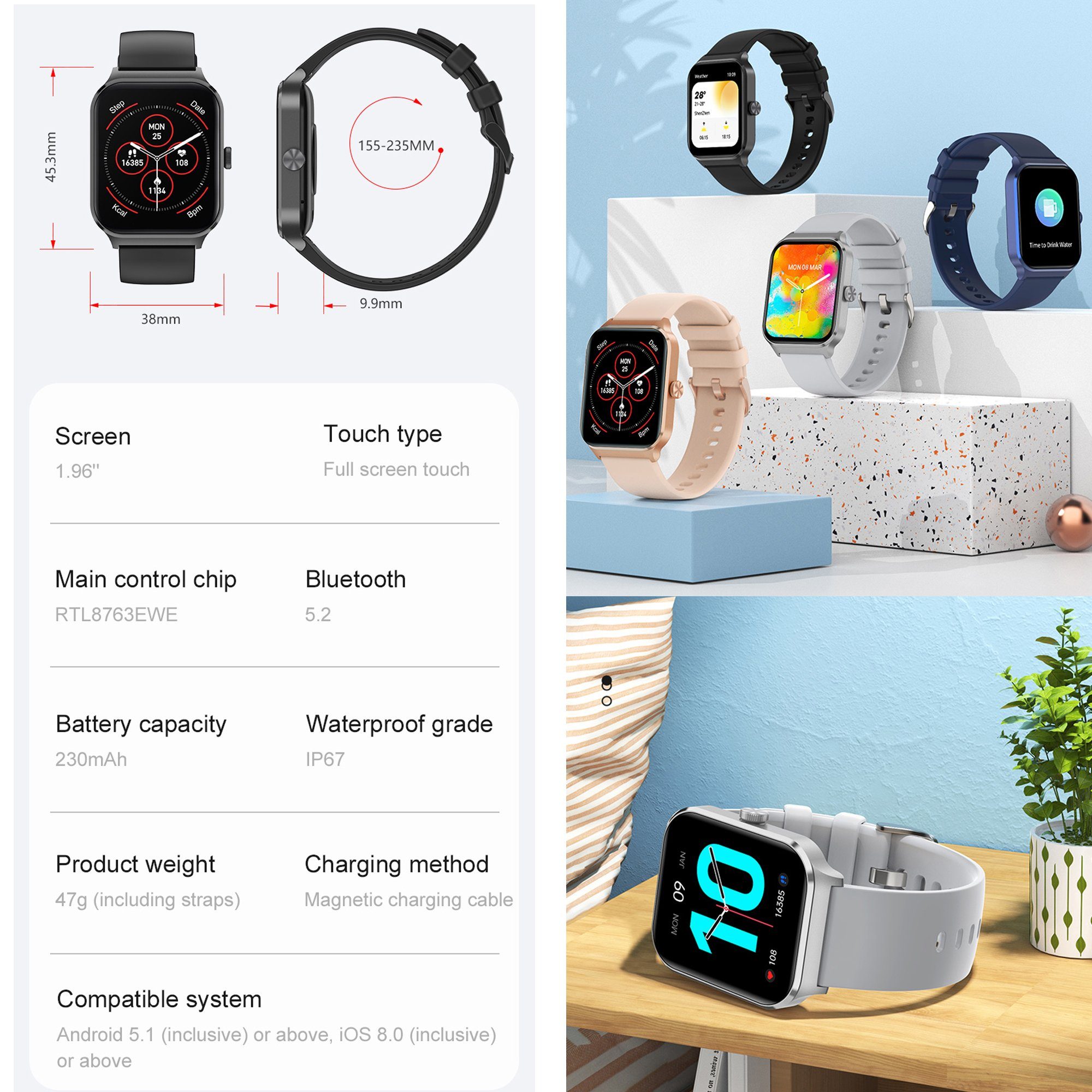 IBETTER Smartwatch,Fitness Tracker Uhr für,Damen Herren Smartwatch Smartwatch (1,96