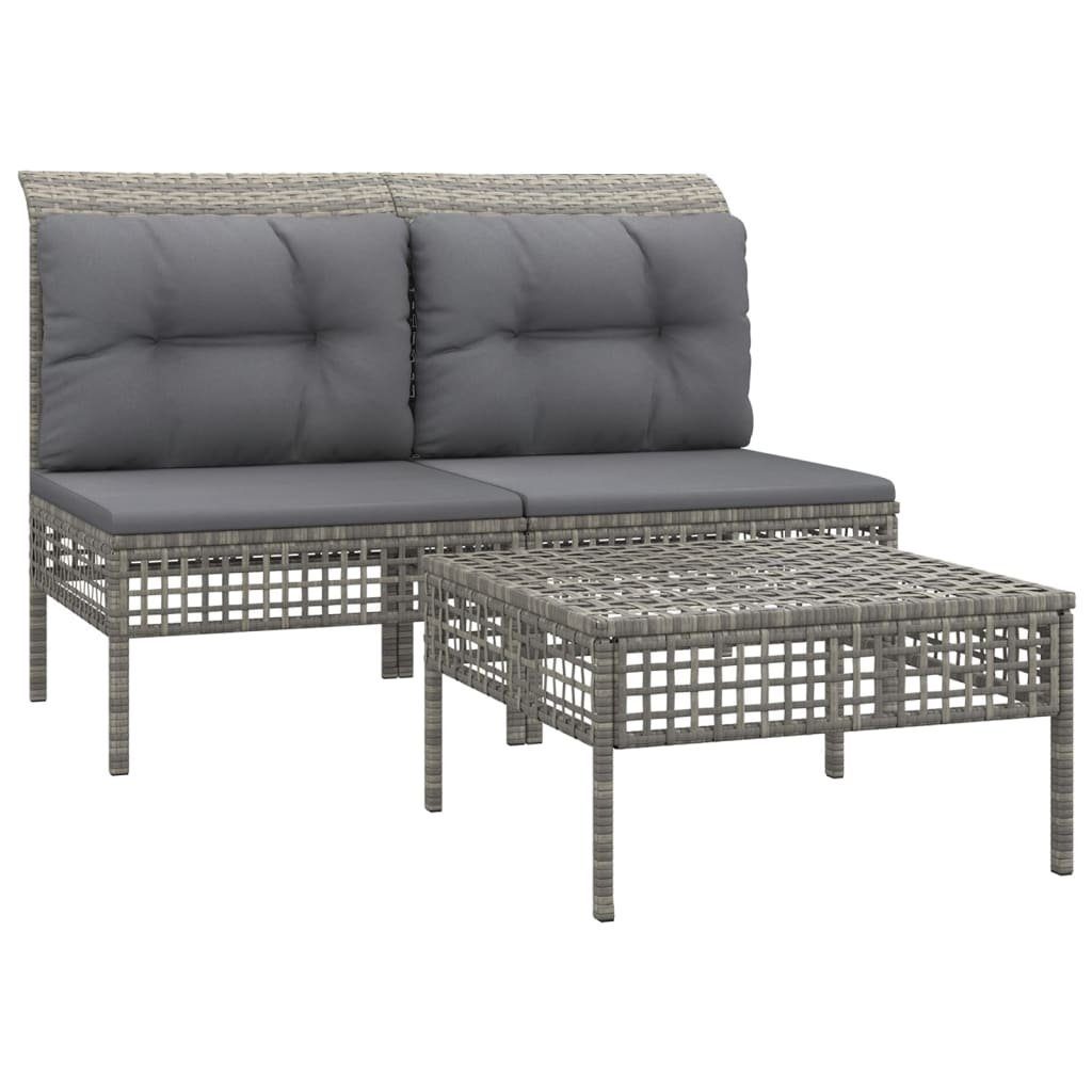 vidaXL Gartenlounge-Set 3-tlg. Garten-Lounge-Set mit Kissen Grau Poly Rattan, (1-tlg)
