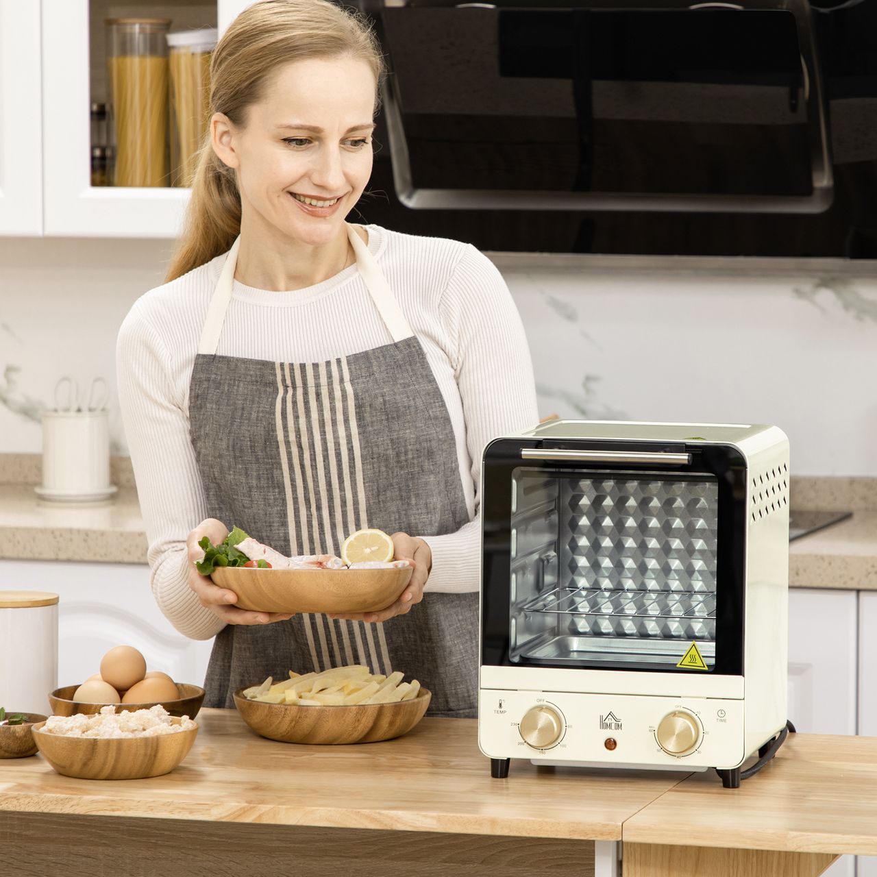 HOMCOM 15L Minibackofen mit Umluft, 1000 W Pizza-Ofen mit Timer, 60-230, Creme
