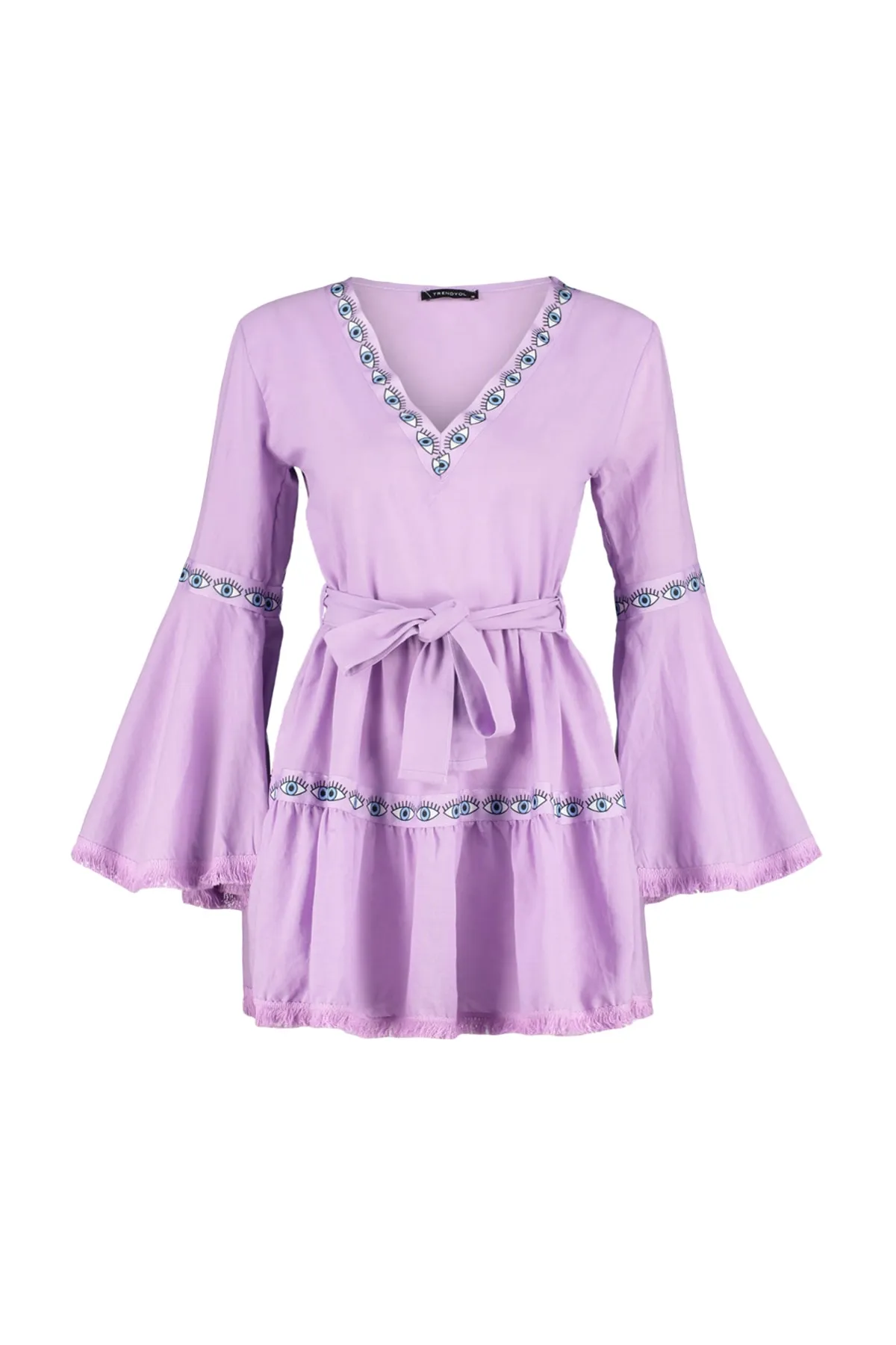 Trendyol Collection  Lilafarbenes Mini-Strandkleid aus 100 % Baumwolle mit gewebten Rüschen und Gürtel TBESS21EL1253
