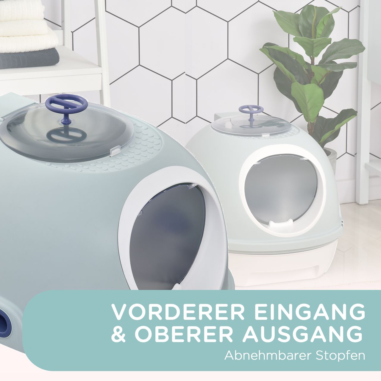 PawHut Katzentoilette mit Dachfenster, Katzenklo mit Bodenschale, mit Schaufel, Tragbar, PP ABS, See-Blau, 47 x 55 x 44 cm