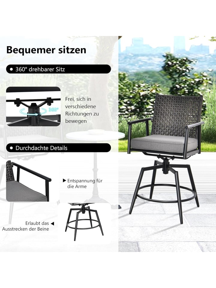 COSTWAY 2er Set Barhocker mit 2-lagiger PE-Rattan-Rückenlehne in Schwarz günstig kaufen onesize