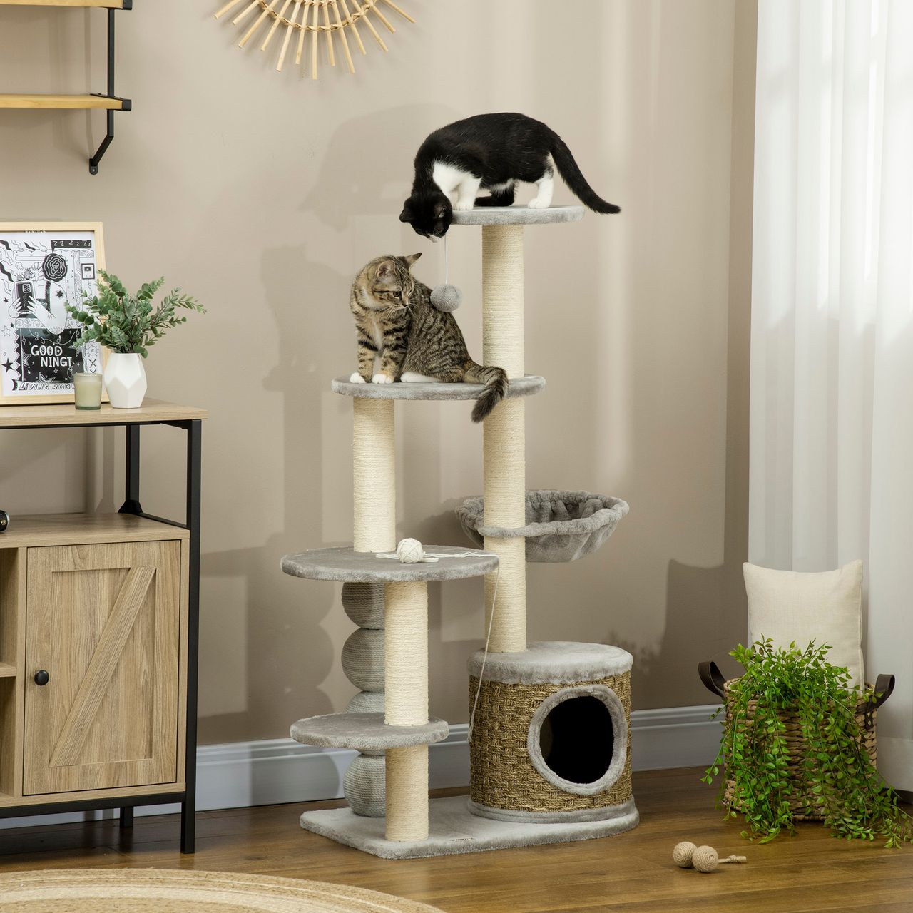 PawHut Kratzbaum, Kletterbaum mit Katzenhöhle, Katzenbaum, Katzenhaus, Hellgrau
