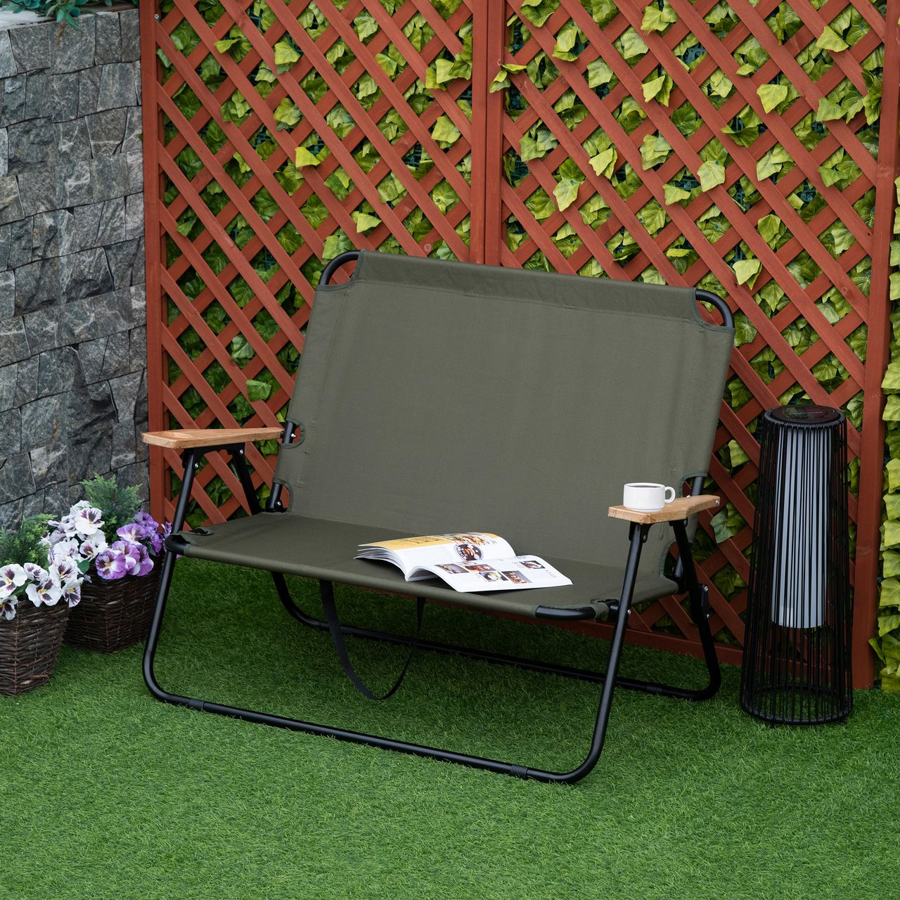 Outsunny Campingstuhl 2-Sitzer klappbar tragbar Gartenstuhl Regiestuhl Klappstuhl mit Getränkehalter für Outdoor Picknick Wandern max. Belastung 160 kg Grün 141 x 67 x 80 cm