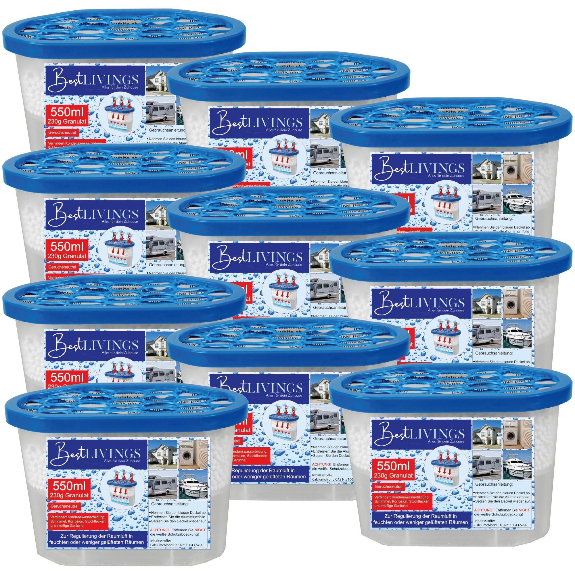 Bestlivings Luftentfeuchter Raumentfeuchter, für 50 m³ Räume, Tank 0,55 l, 10er Pack - 230g Granulat - 550ml - Luftentfeuchter