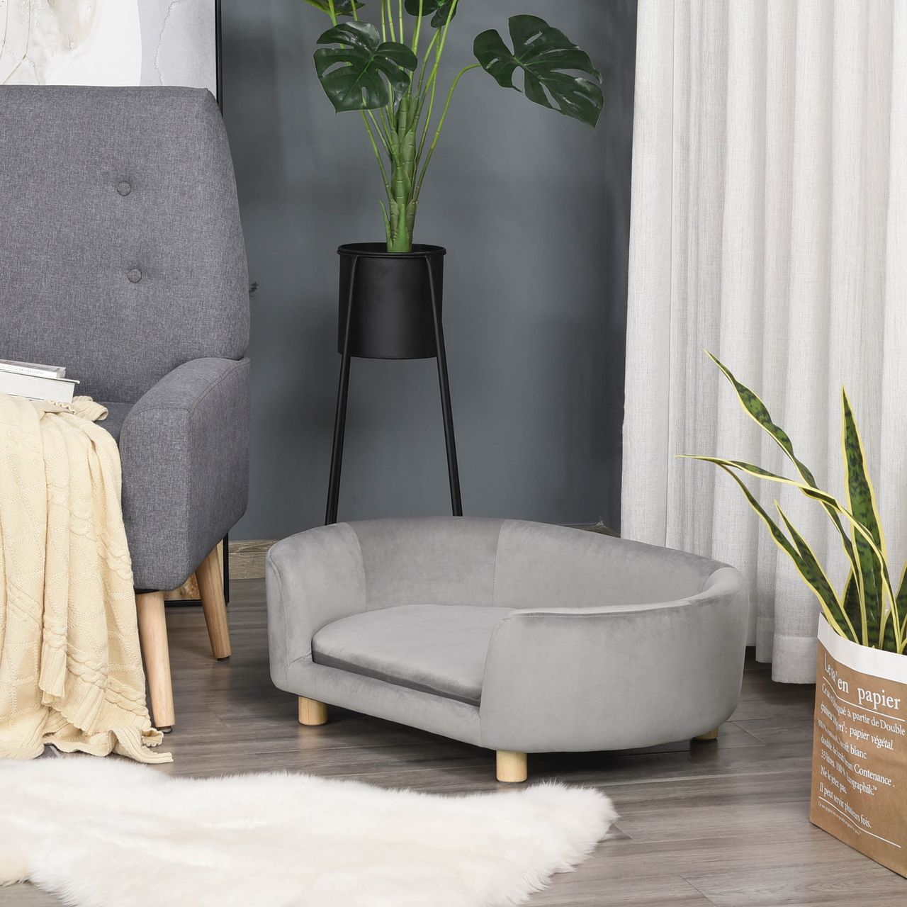 PawHut Katzensofa Haustiersofa Hundesofa Samt moderne Hellgrau
