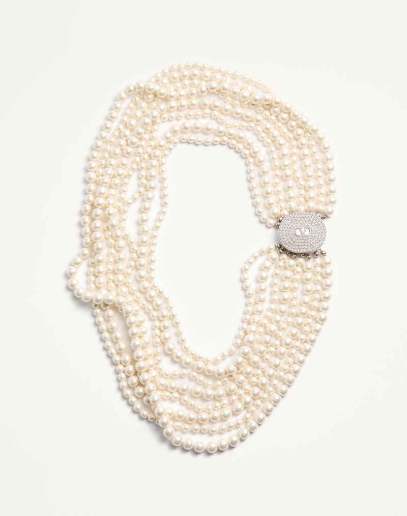 Colar oval em metal, pérolas de vidro barroco e cristais Swarovski®