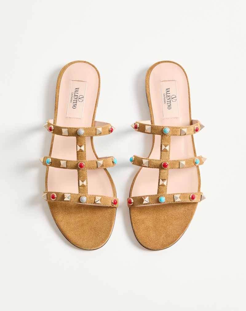 Rockstud Slide Sandal van splitleer met cabochonstenen