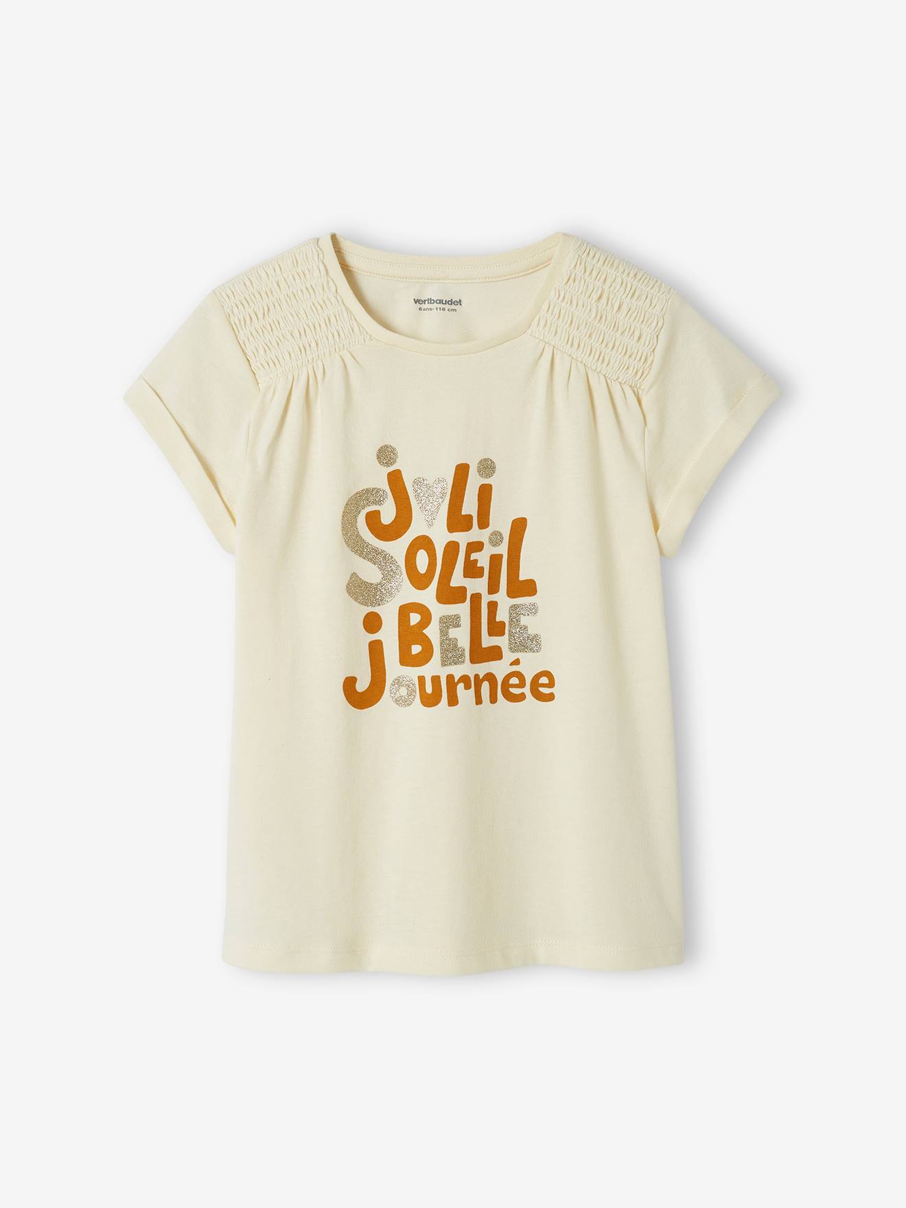 Tee-shirt à message irisé fille épaules smockées écru