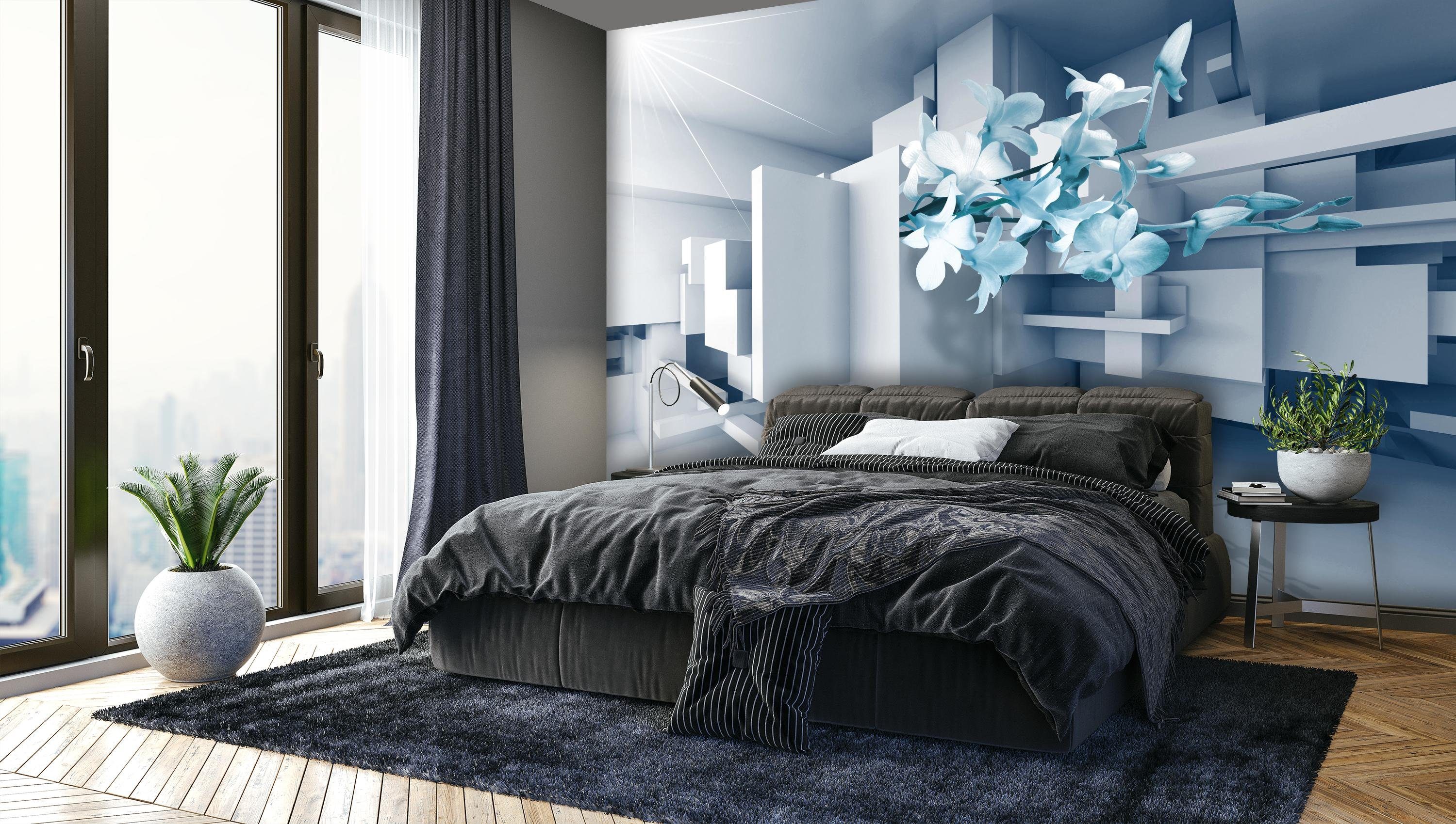 wandmotiv24 Fototapete Orchidee 3D Blau, glatt, Wandtapete, Motivtapete, matt, Vliestapete