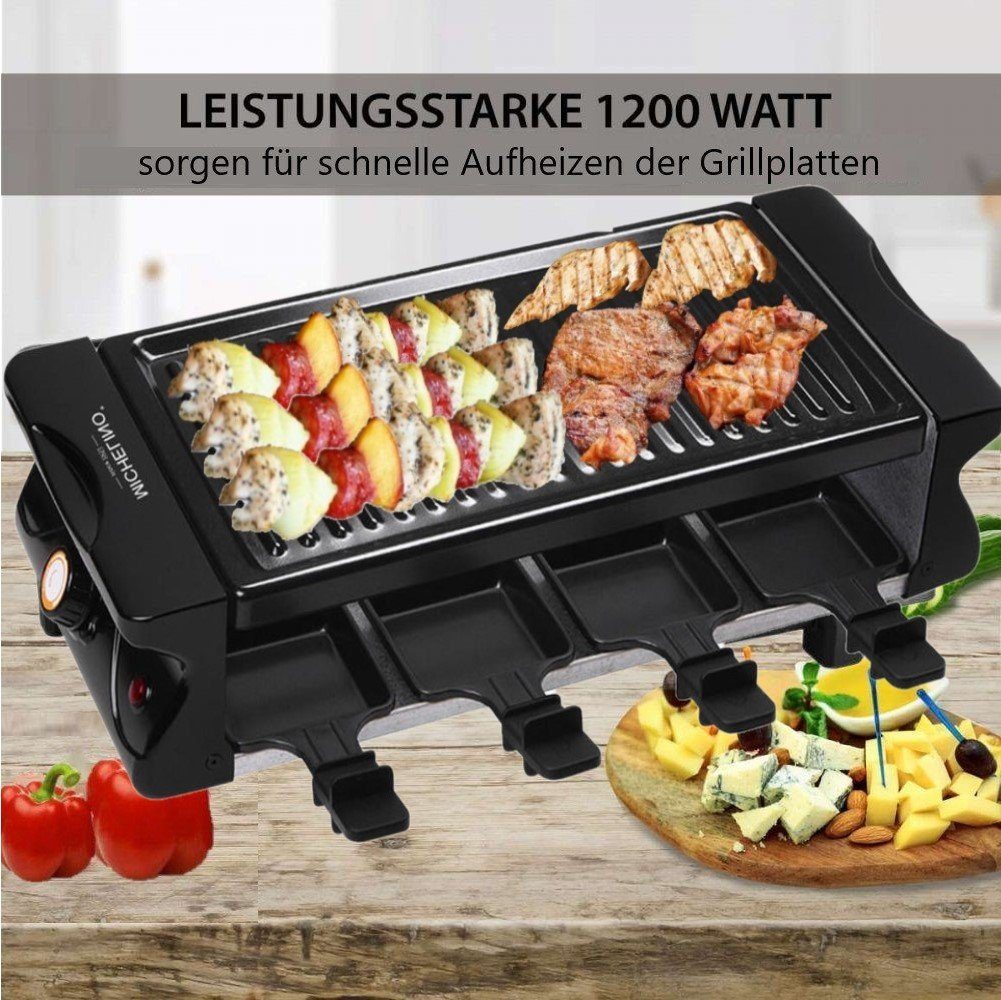 KESSMANN Raclette Raclette Grill mit Pfännchen elektrisch 8 Personen Inkl. 8 Spachteln &, 8 Raclettepfännchen, 1200,00 W, Eisen Grillplatte antihaft mobil Campinggrill Tischgrills Elektrogrill