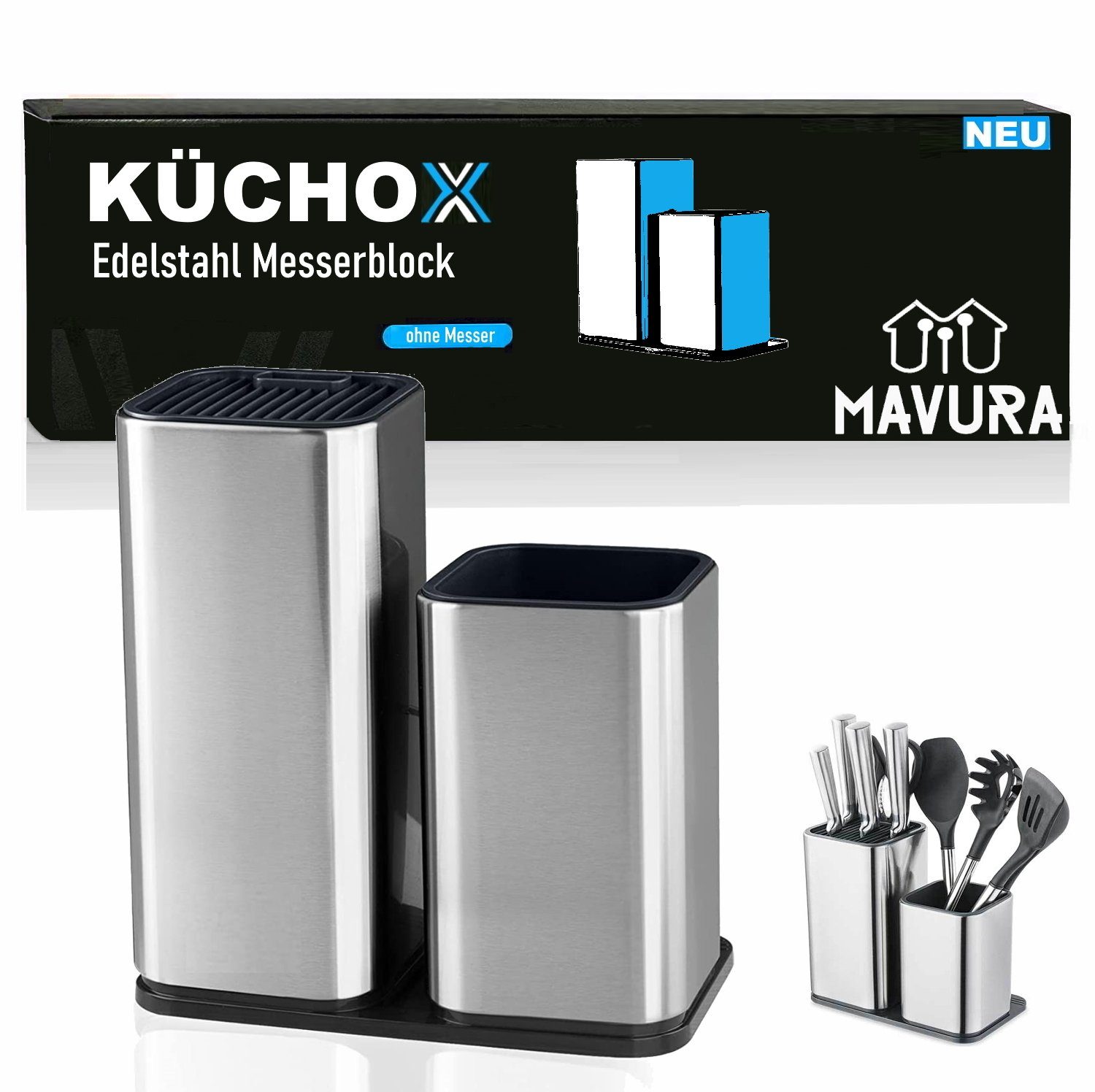 MAVURA Messerblock KÜCHOX 2in1 Edelstahl Messerblock Küchenmesser & Küchenhelfer, (ohne Messer) Aufbewahrung Küchenhelfer Organizer Set unbestückt