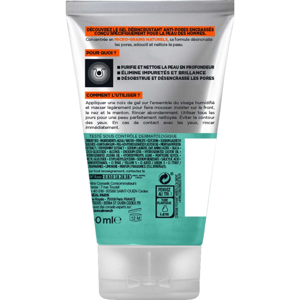 L'Oréal Paris L'Oréal Men Expert Hydra Energetic Gel Désincrustant - 100ml Gel Désincrustant Anti-Pores Encrassés Visage Homme