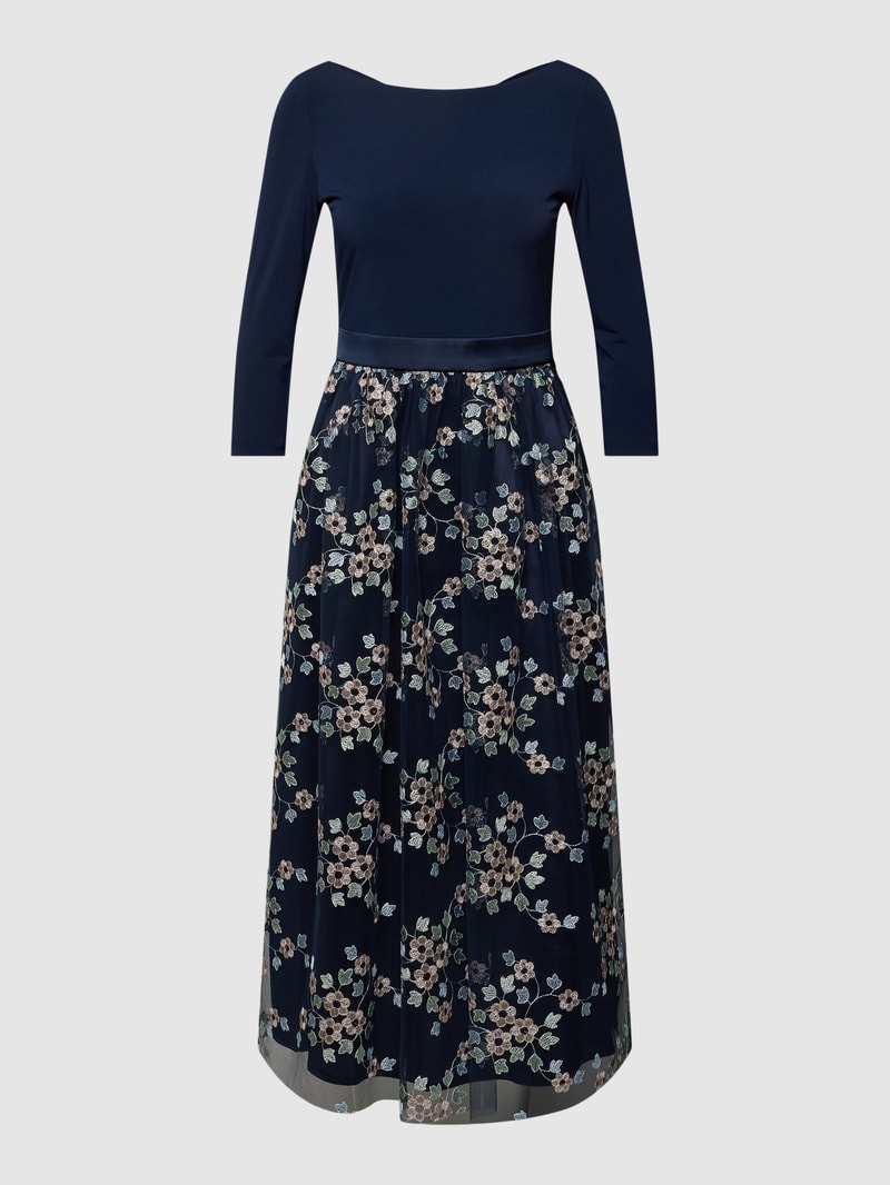 Cocktailkleid mit floralen Stickereien in marineblau meliert