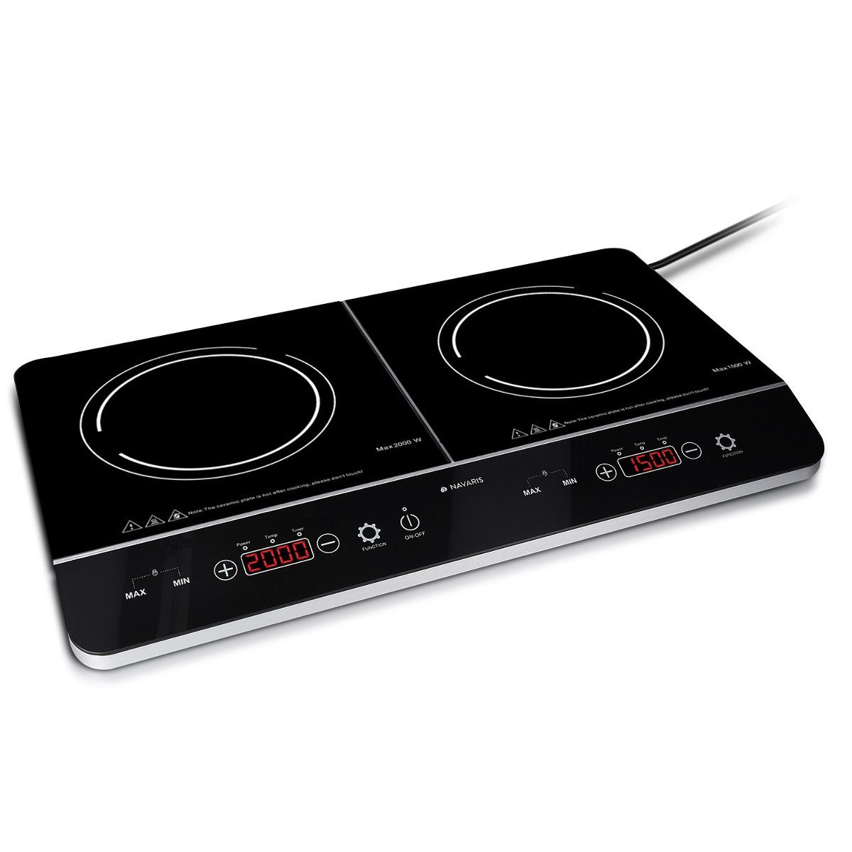 Navaris Doppel-Induktionskochplatte 3500W Induktionskochfeld - 2 Kochfelder - Timer - Touch Display