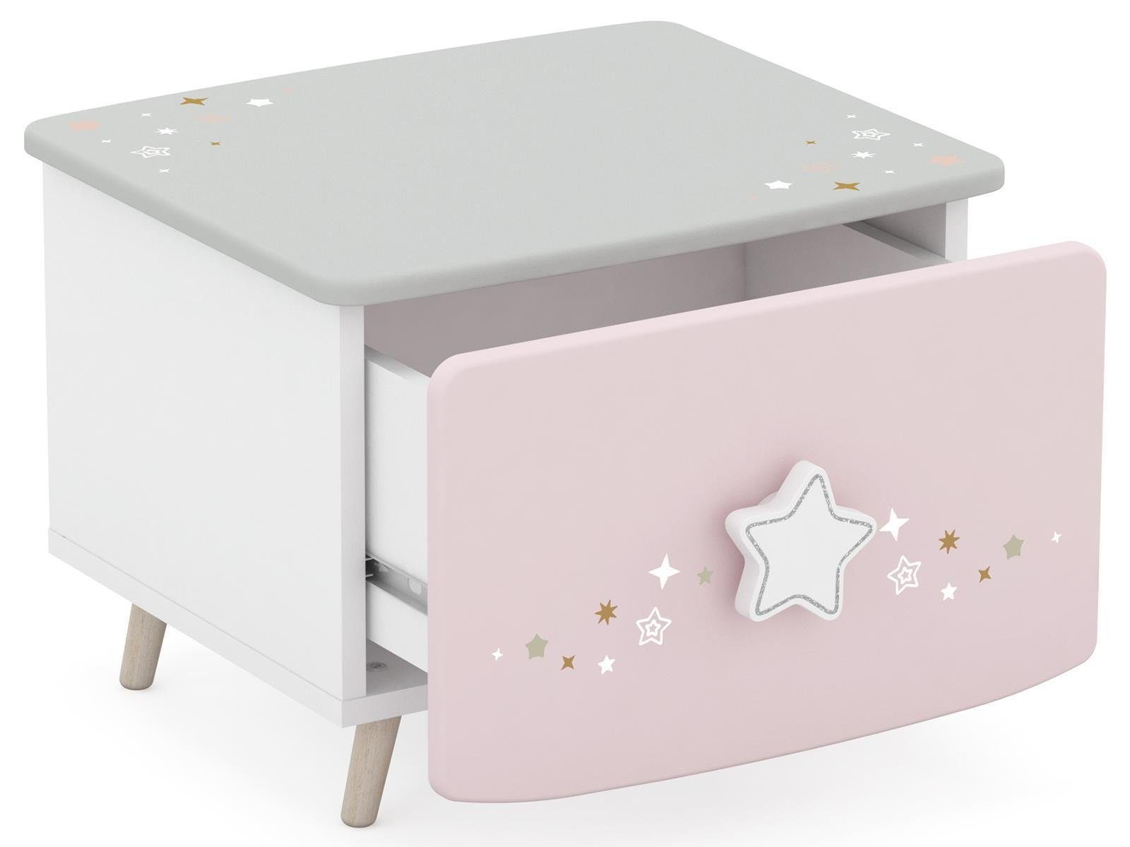 möbelando Jugendzimmer-Set Savannah, (4-St), Modernes Kinderzimmer in Pastellfarben (Weiß/Grau/Rosa), Korpus aus Spanplatte, Front aus MDF bestehend aus 1 Kleiderschrank, 1 Schubladenkommode, 1 Bett und 1 Nachttisch. Individuelle Stellmöglichkeit