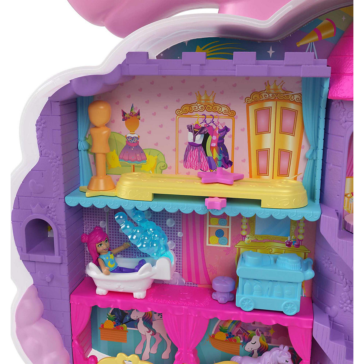 Polly Pocket Mini-Spielzeug, Regenbogen-Einhorn-Salon-Spielset mit 2 Puppen und über 20 Zubehörteilen