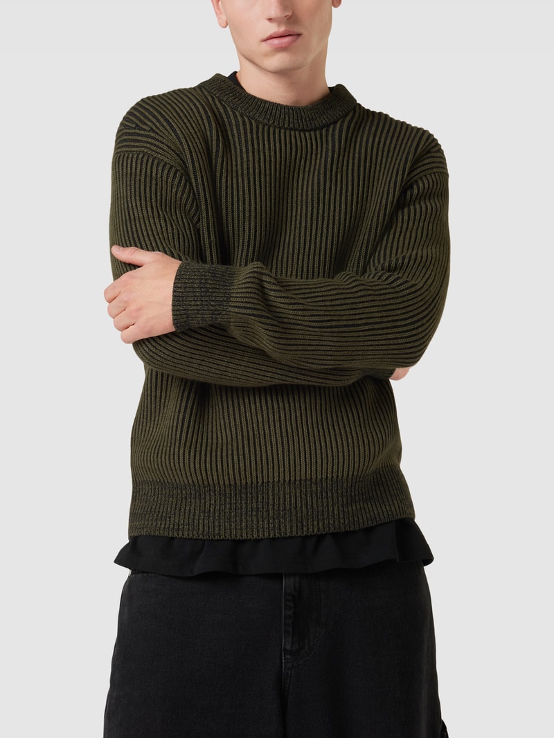 Strickpullover in Two-Tone-Machart Modell 'Crew pullover' in olivgrün