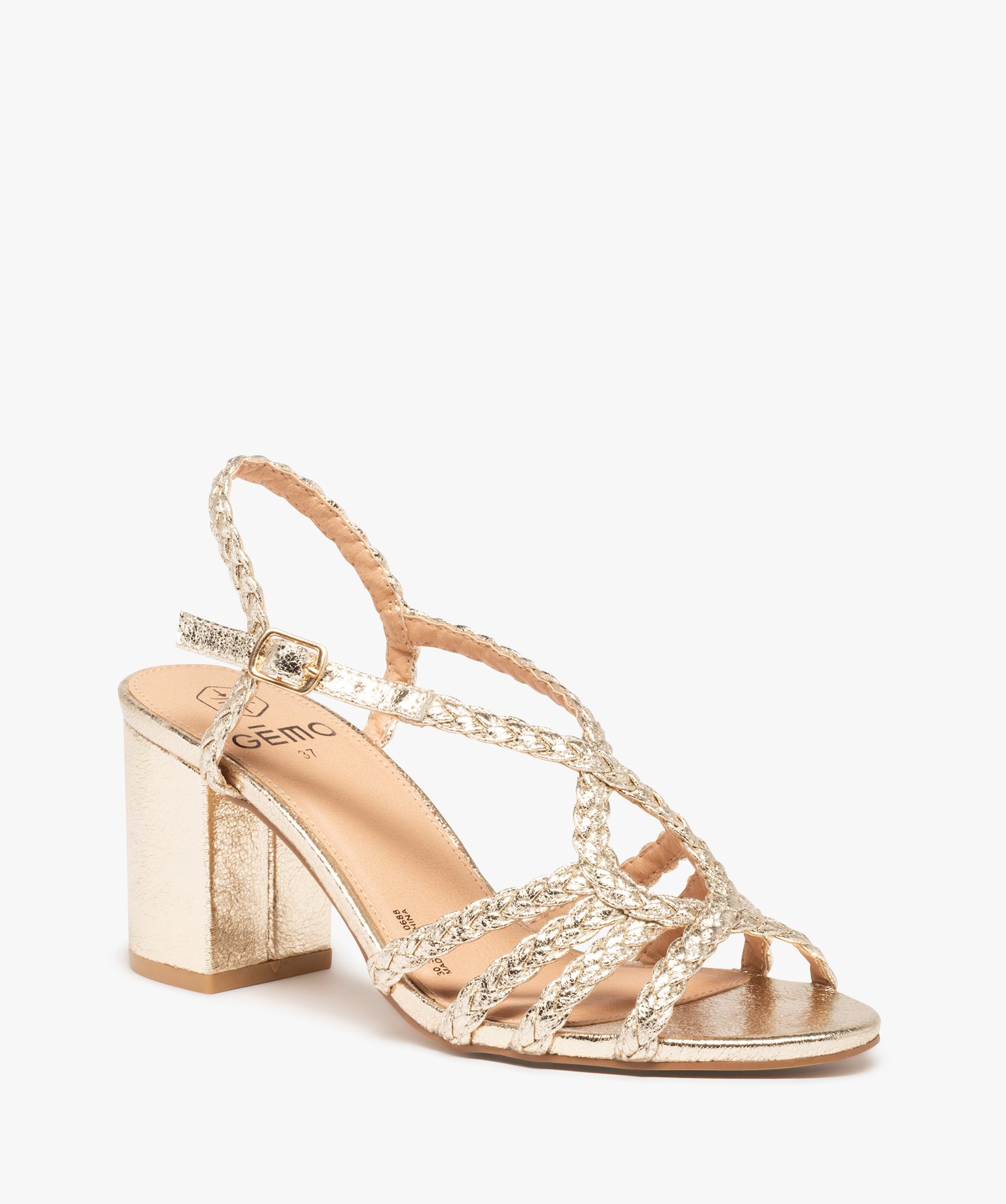 Sandales femme à talon et brides tressées brillantes or | GEMO