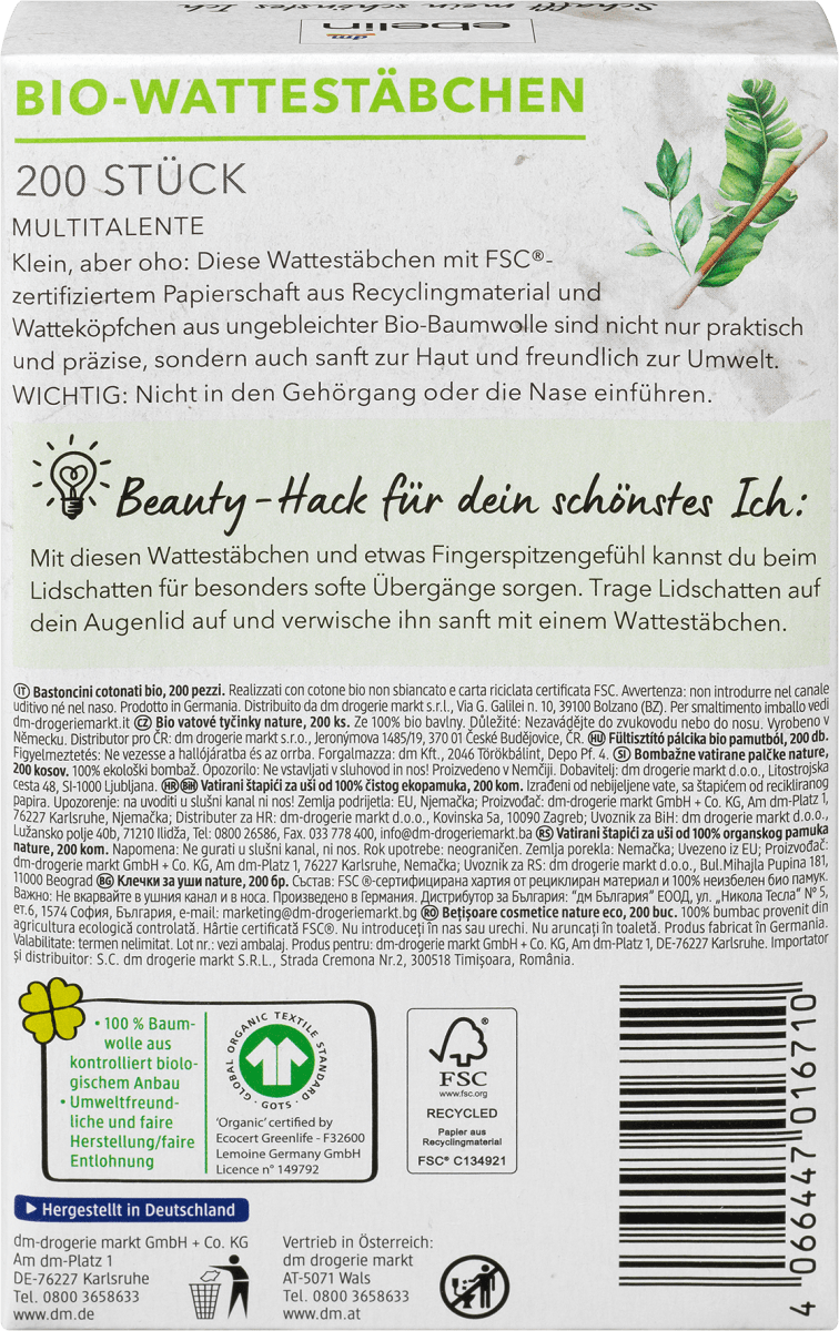 Wattestäbchen Recycling Bio, 200 St