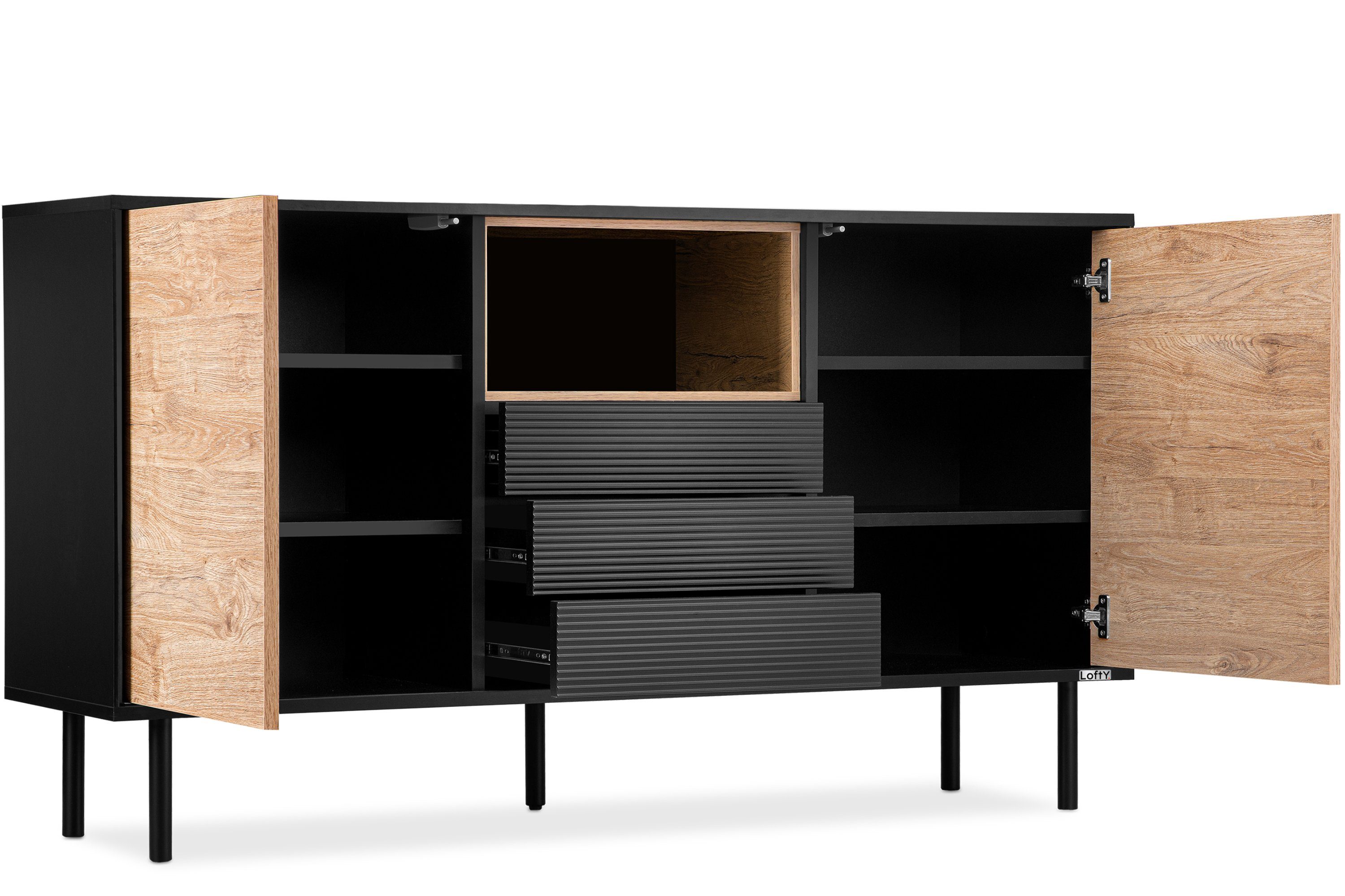 Konsimo Kombikommode LOFTY Sideboard Türkommode mit Schubladen industrial Style, Breite 151 cm, geriffelte Front, Holz, mit Schubladen