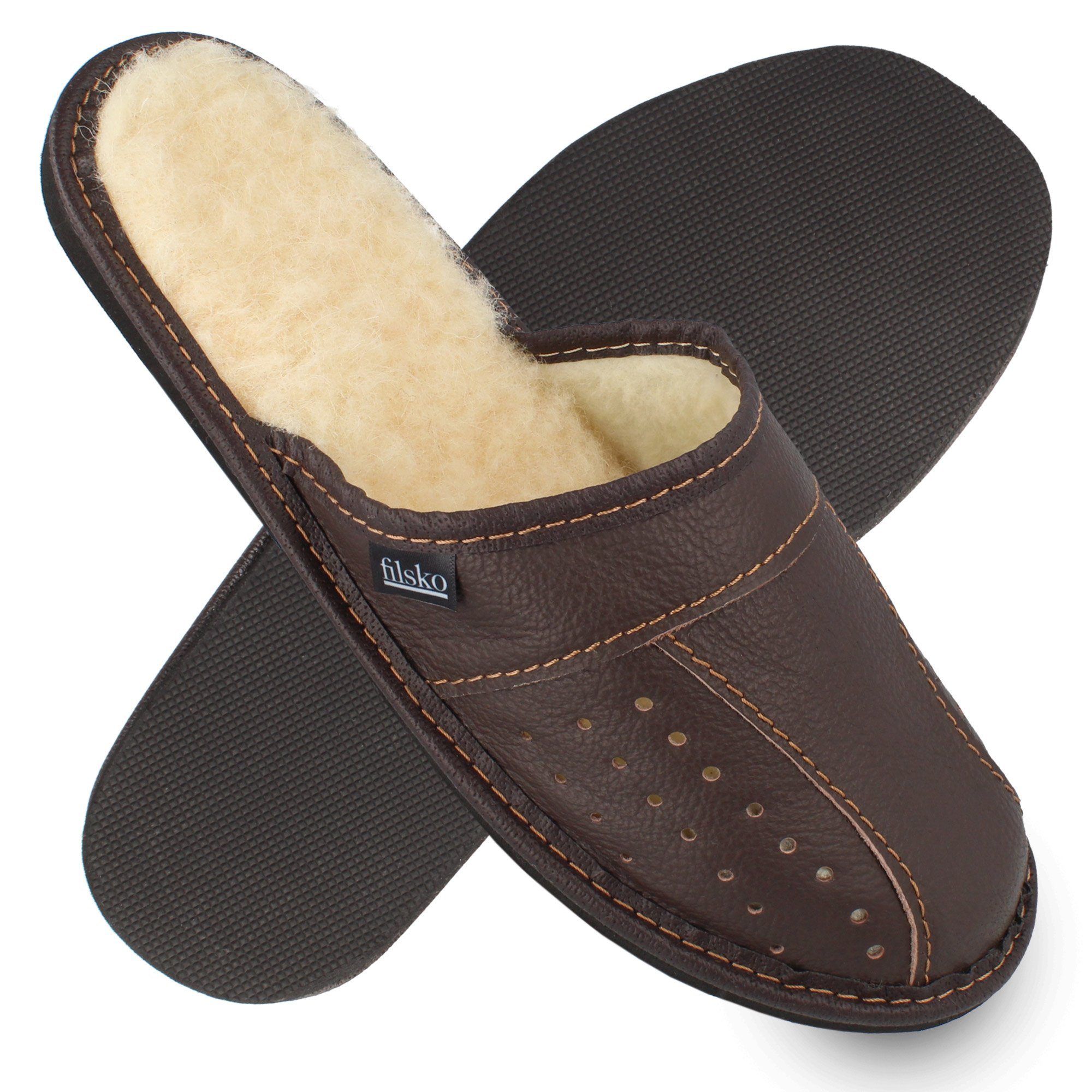 filsko Elegante Herren Pantoffeln aus Rindleder Hausschuh ungefüttert, oder mit Schafwolle gefüttert, bis Schuhgröße 50!