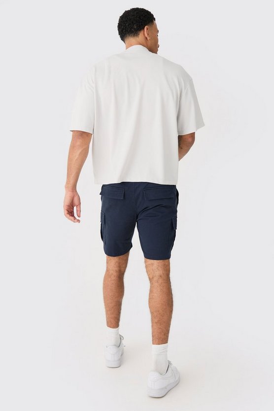 Dunkelblaue Skinny Cargo-Shorts mit elastischem Bund