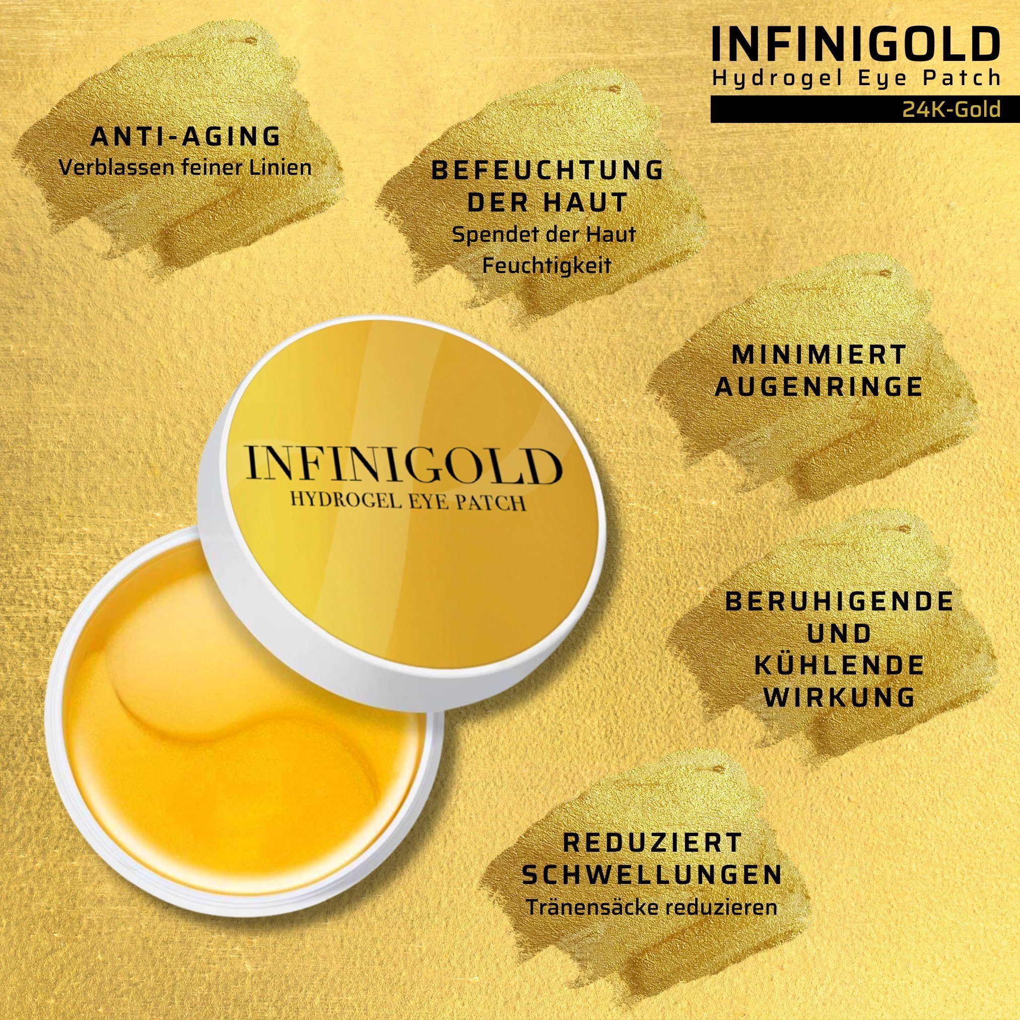 INFINIGOLD Augenpads goldene Multi Action Augenpads, 60-tlg., 1er oder 2er Pack, Anti Aging Augenpflege Pads gegen Falten, Augen Anti Falten Wirkung