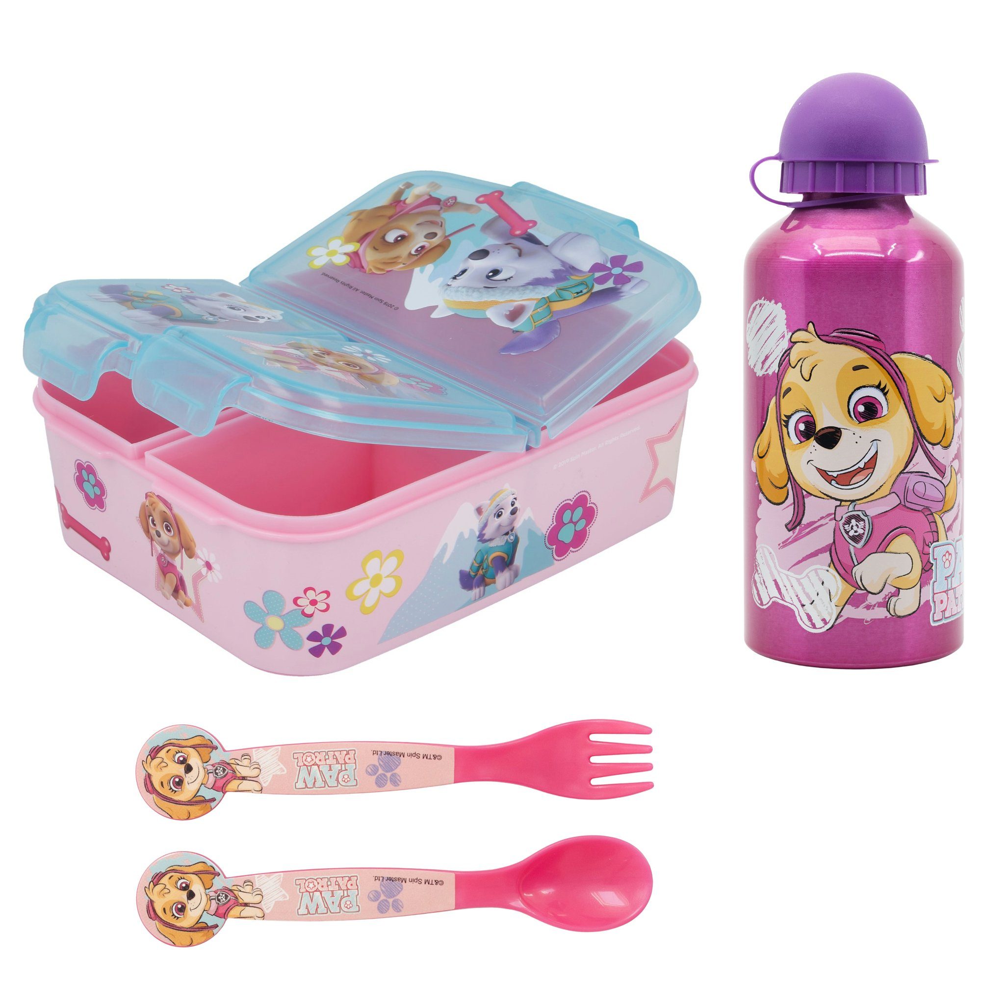 PAW PATROL Lunchbox Paw Patrol Skye Everest 4 teiliges Kinder Set, (4-tlg), Brotdose Alu-Trinkflasche Besteck