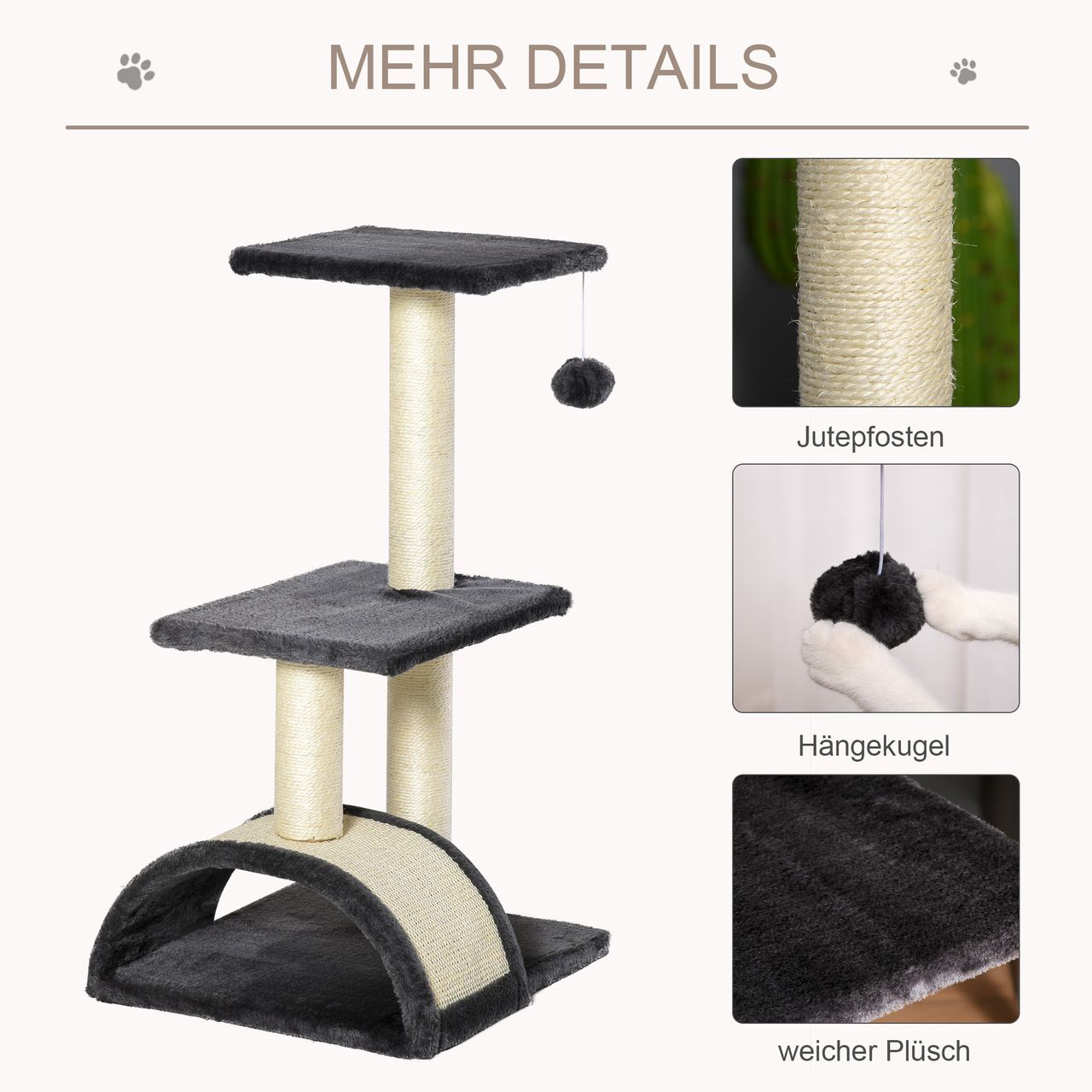 PawHut Kratzbaum mit Kratzbrett Katzenbaum Kletterbaum für Katzen E1 MDF Sisal Plüsch Dunkelgrau 40 x 35 x 72 cm