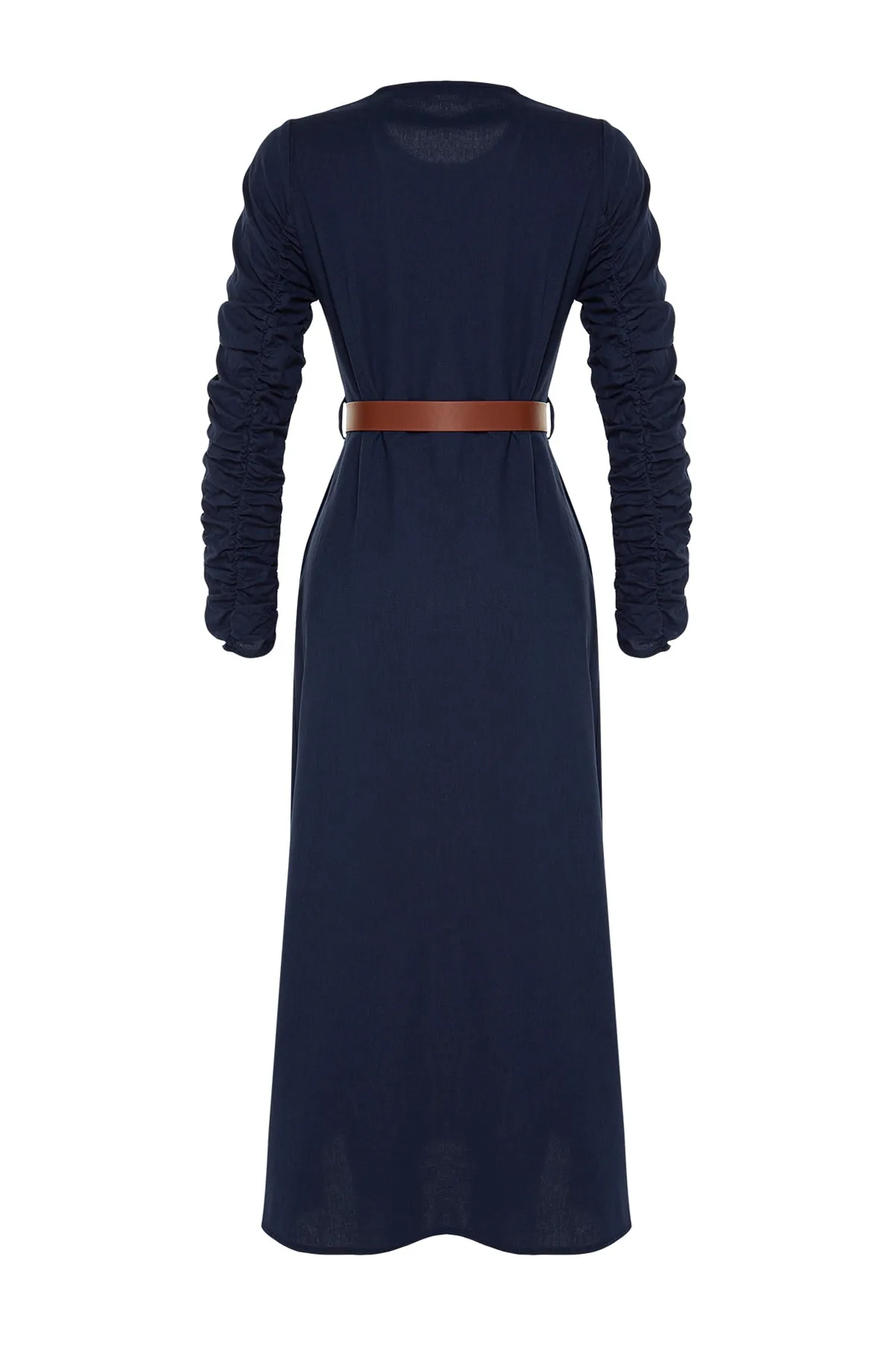 Trendyol Modest  Marineblaues Hemdblusenkleid aus gewebtem Leinengemisch mit Gürtelärmeln, gerafften Taschen und Details TCTSS23EB00152